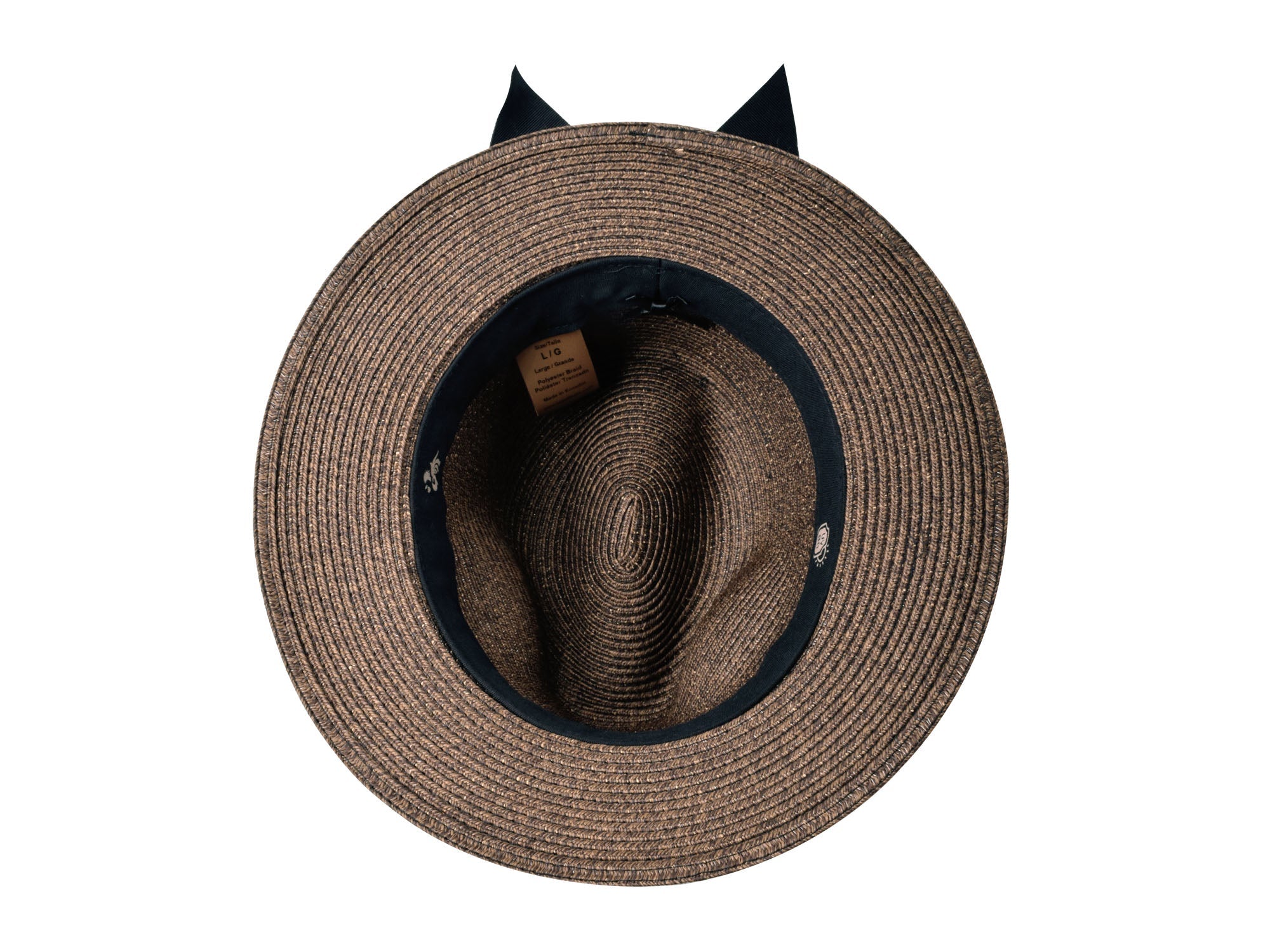Brown straw hat with black band on a white background