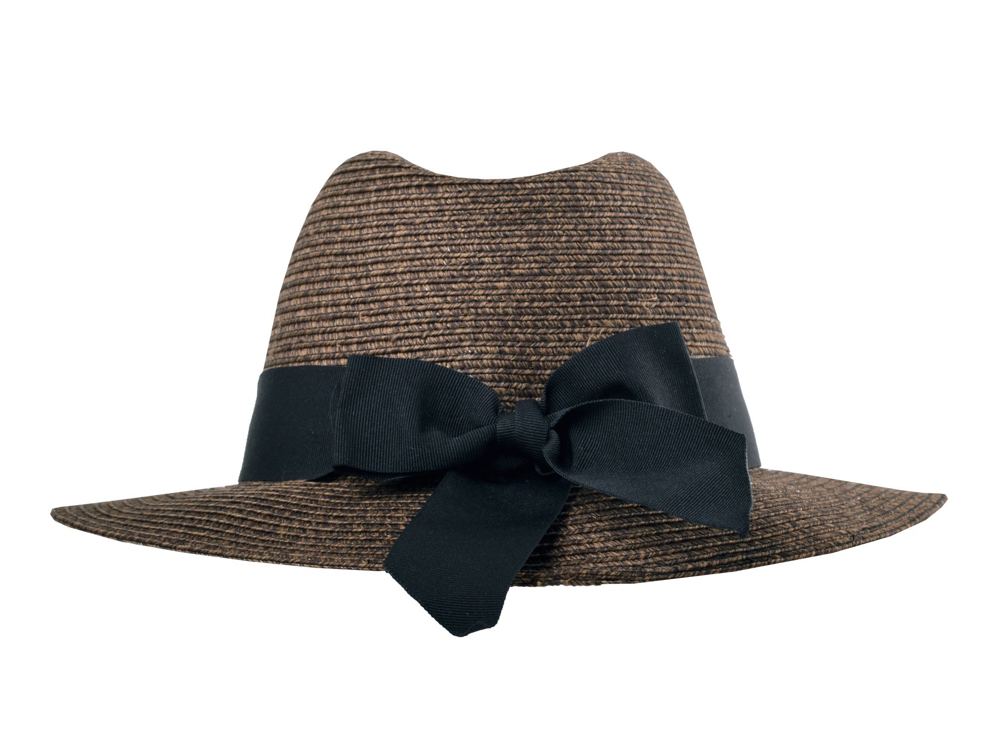 Brown straw hat with a black ribbon on a white background