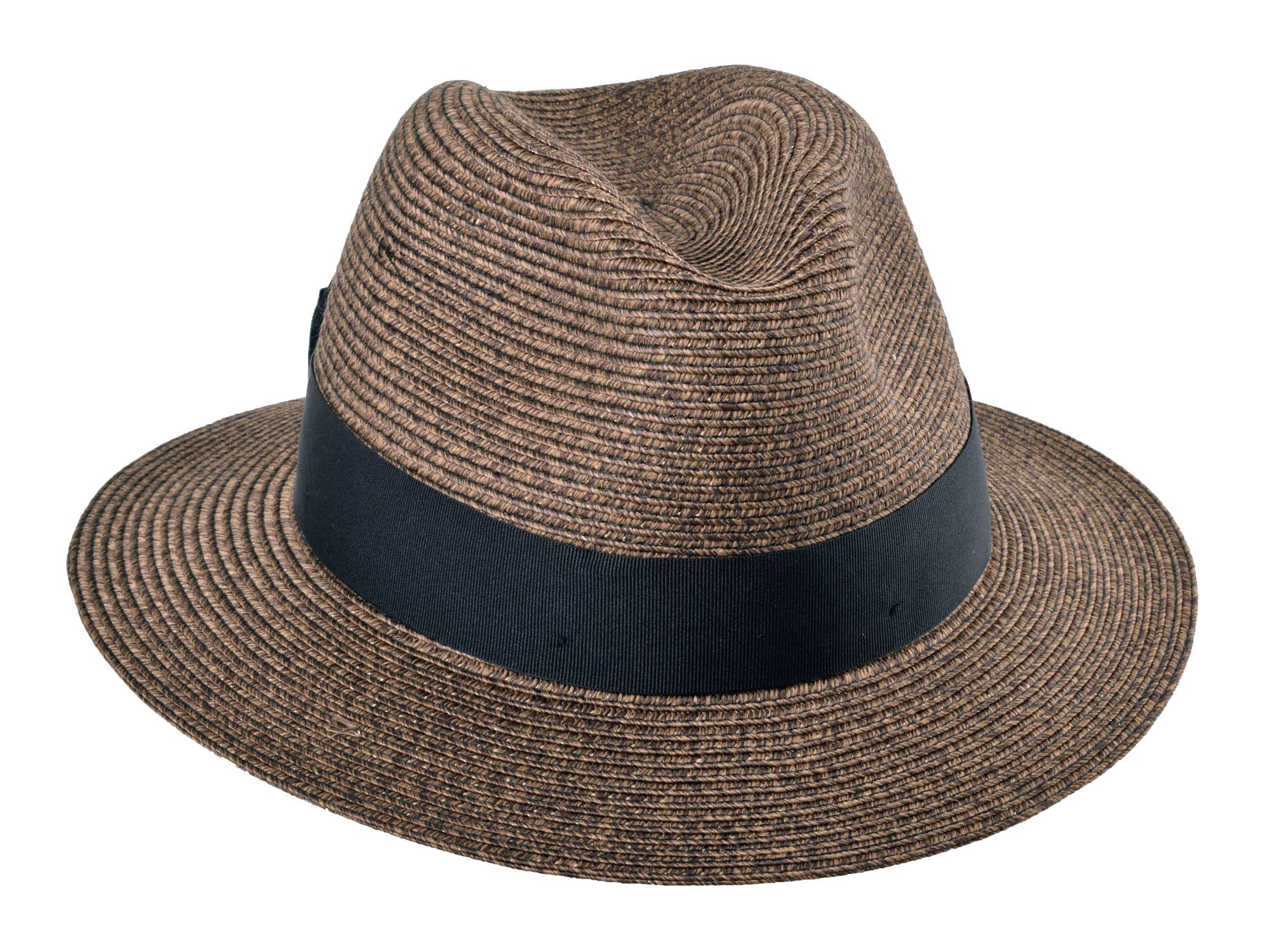 Brown straw hat with a black band on a white background