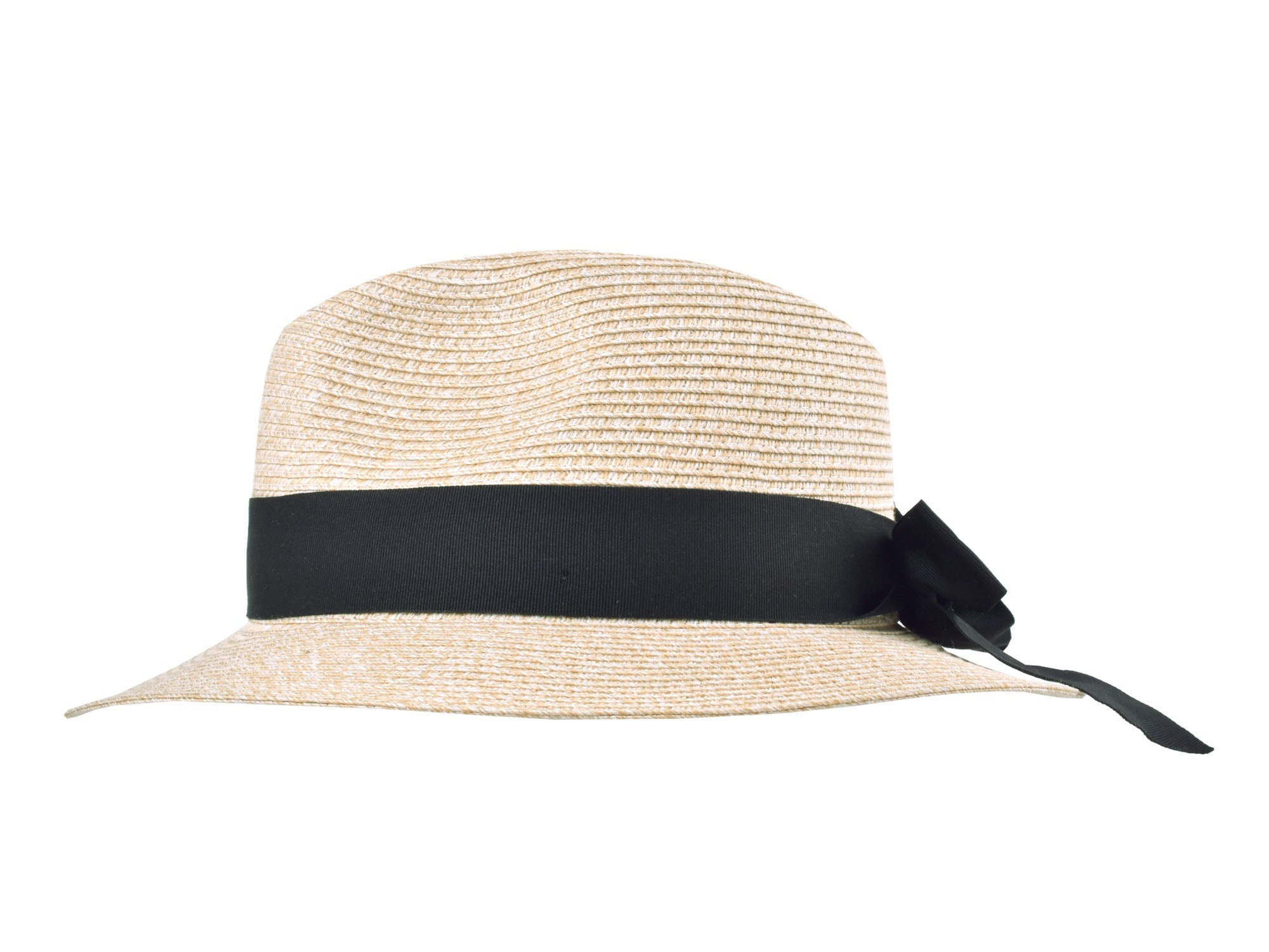 Beige straw hat with a black band and bow on a white background