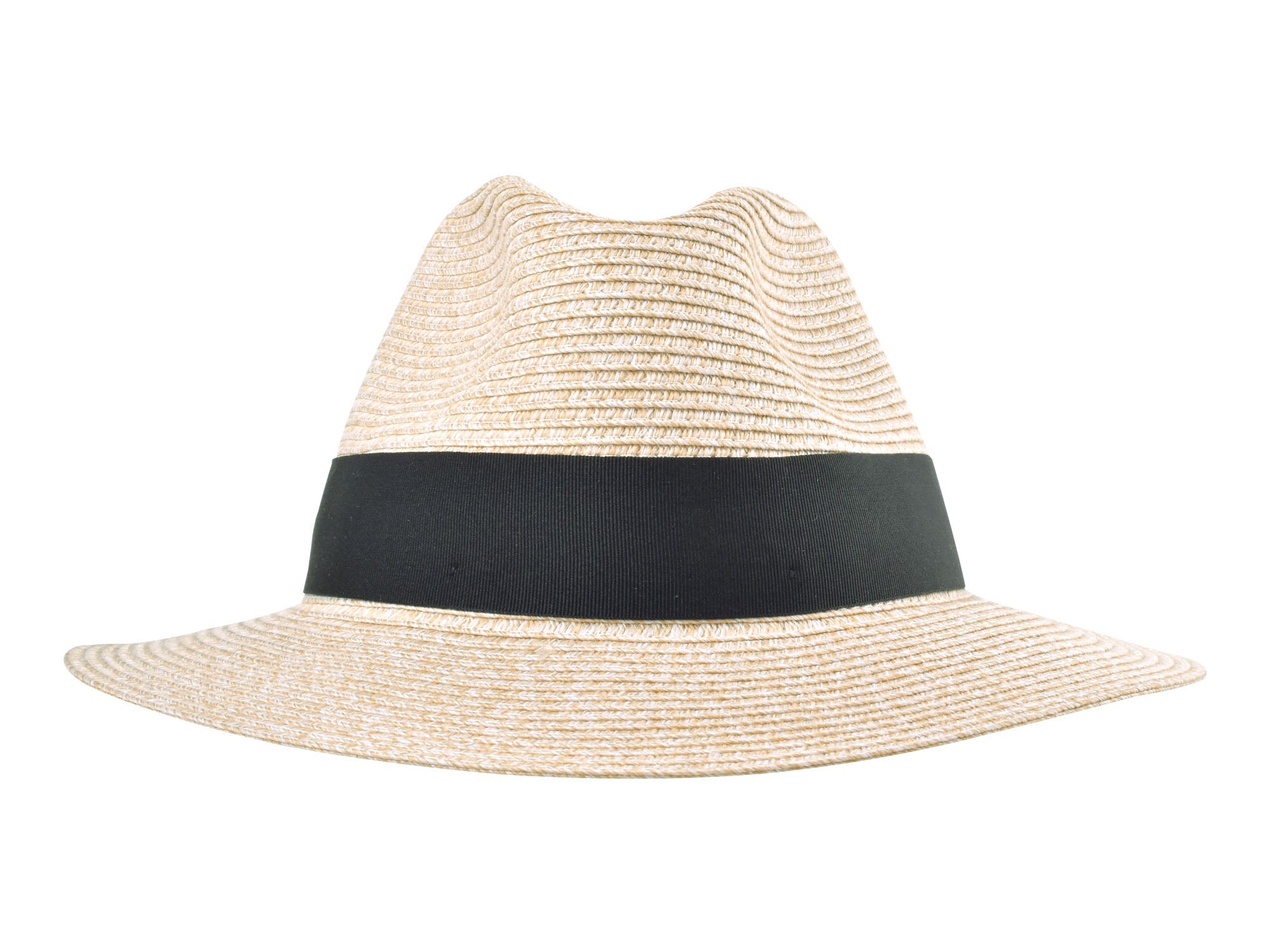 Beige straw hat with a black band on a white background