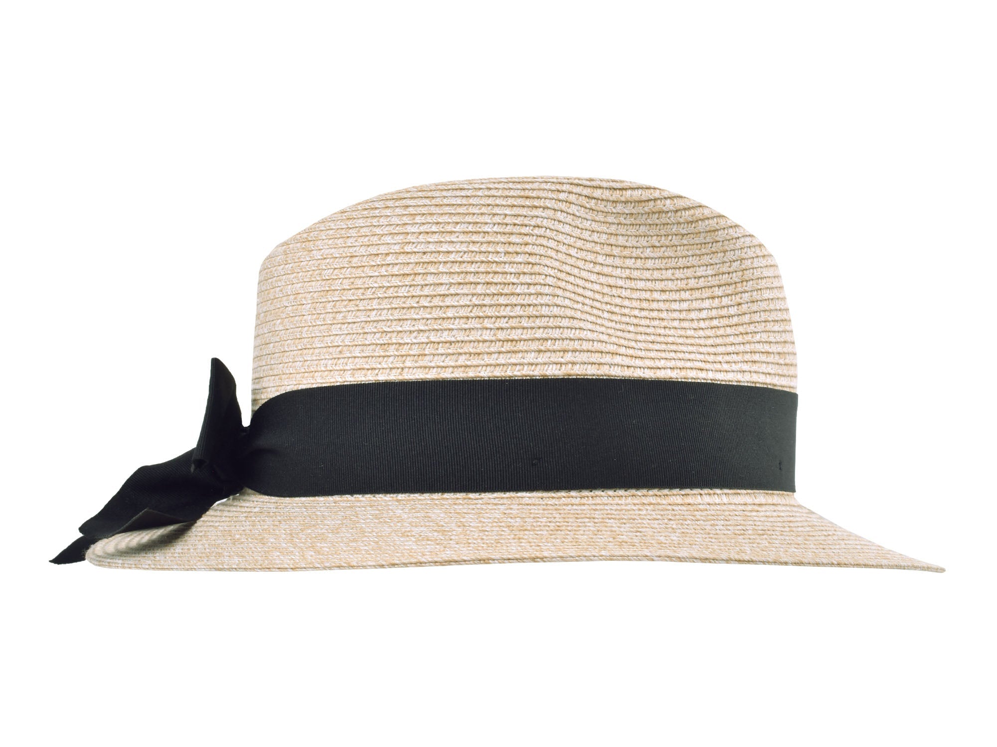 Beige straw hat with a black ribbon on a white background