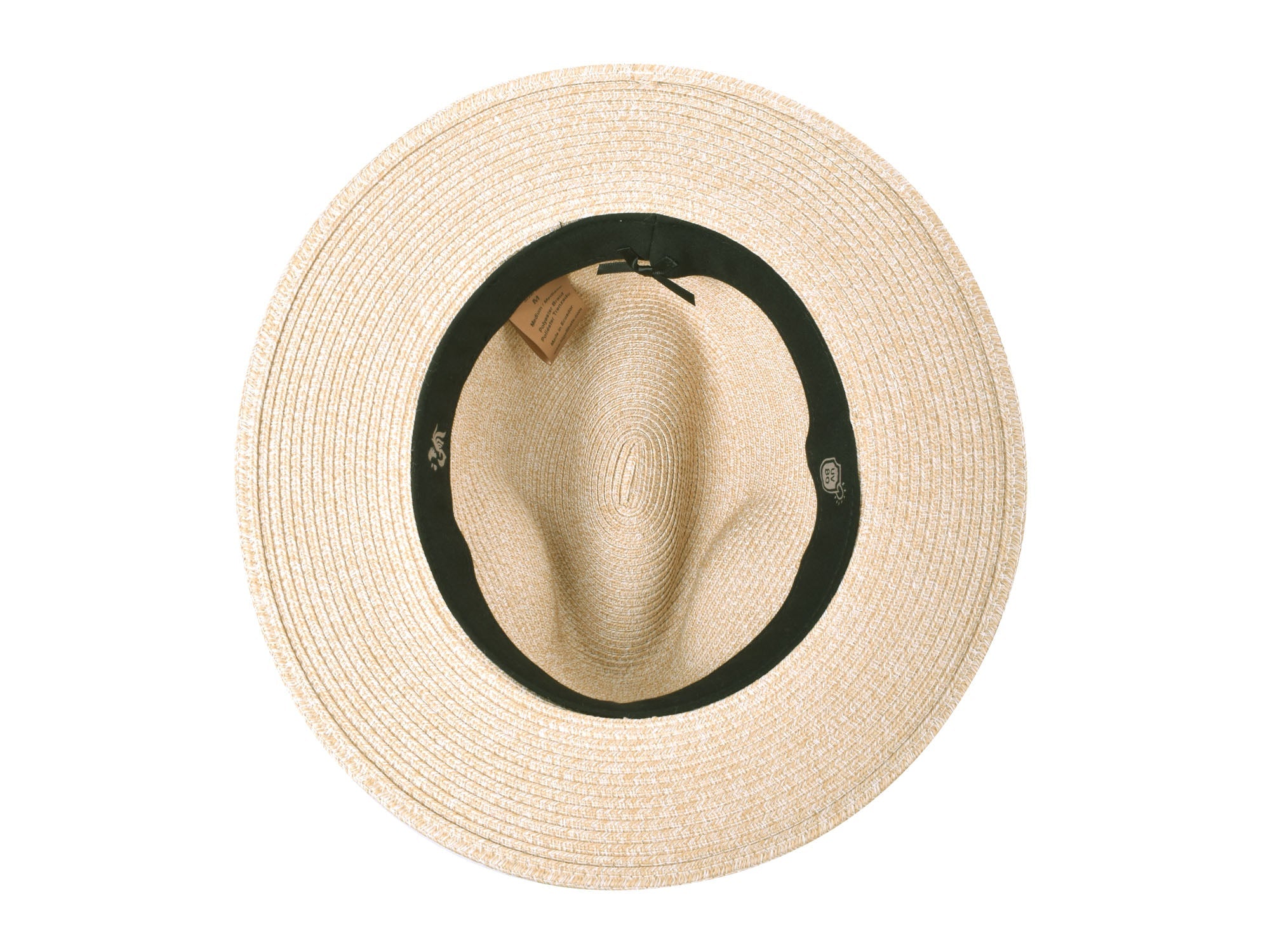 Beige straw hat with black band on a white background