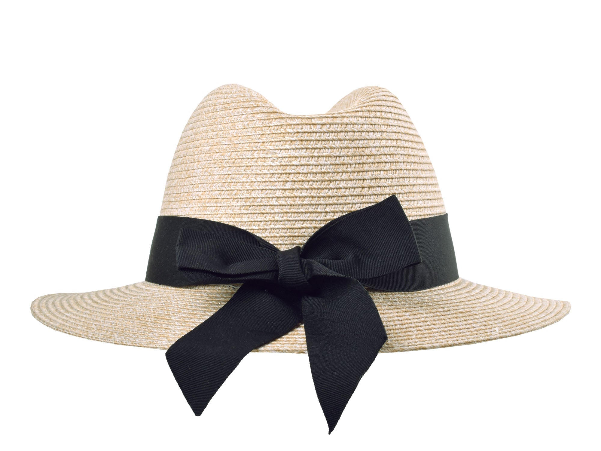Straw hat with a black ribbon on a white background