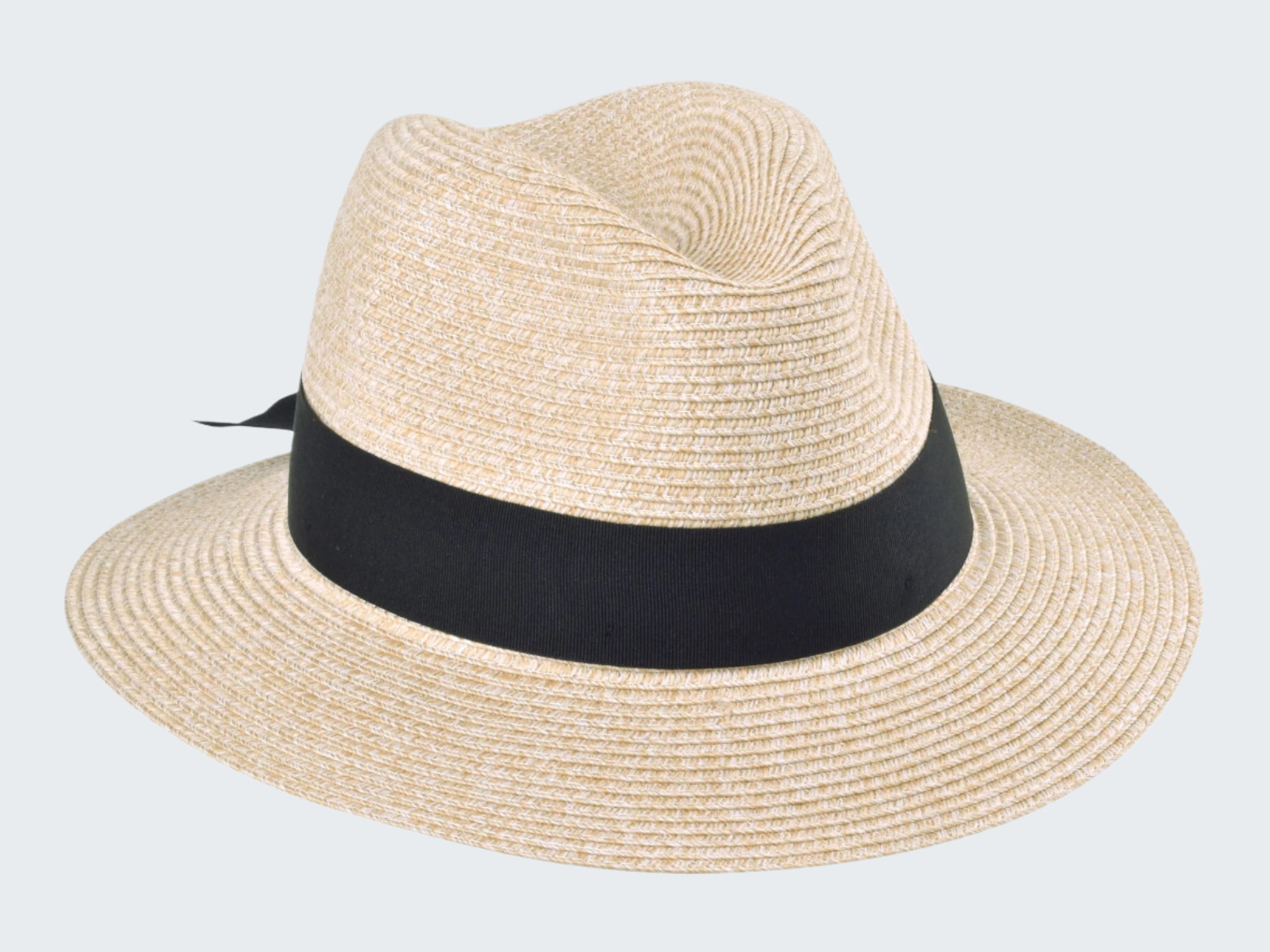 Beige straw hat with a black band on a white background