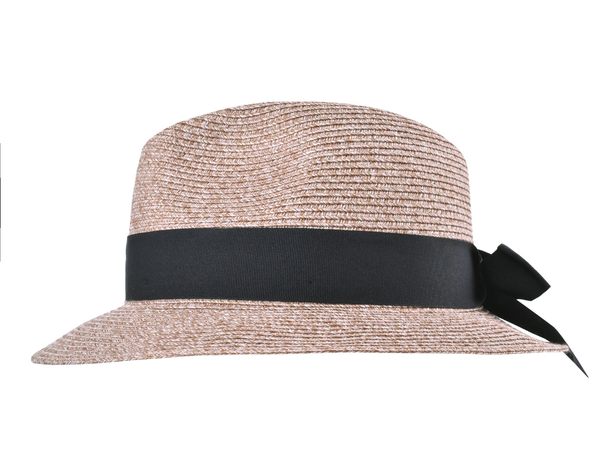 Beige straw hat with a black ribbon on a white background