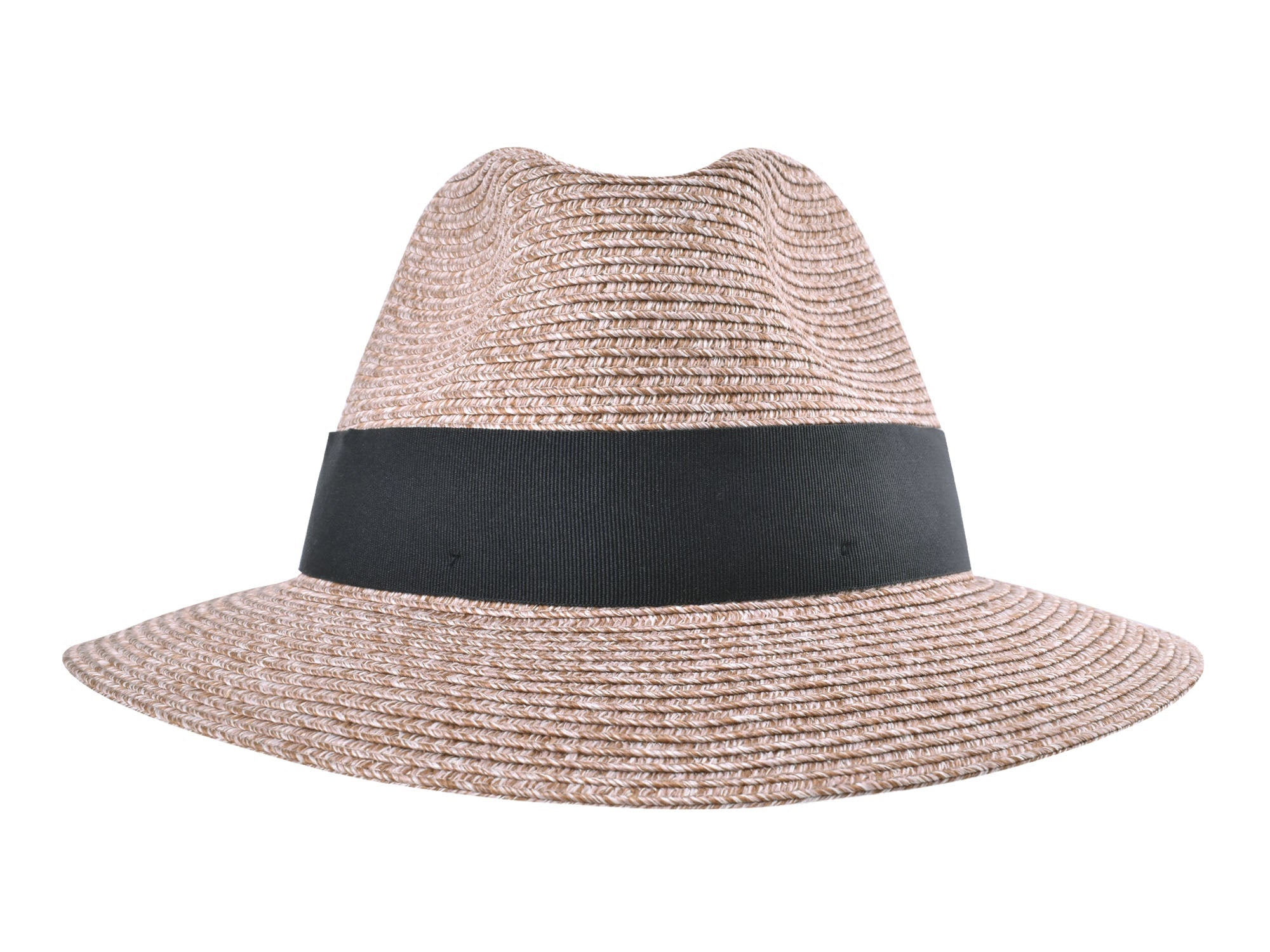 Beige straw hat with a black band on a white background
