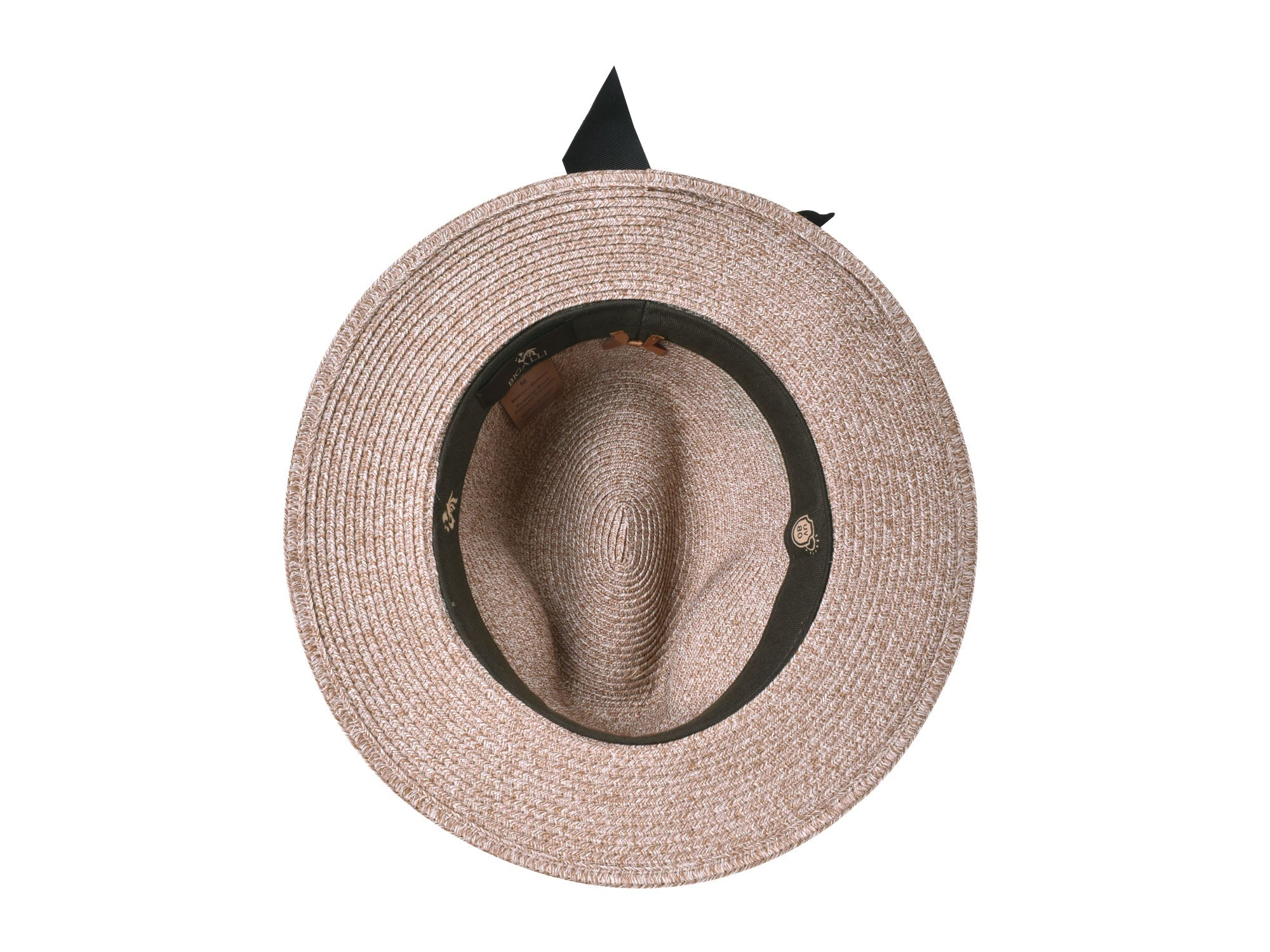 Beige straw hat with black band on a white background