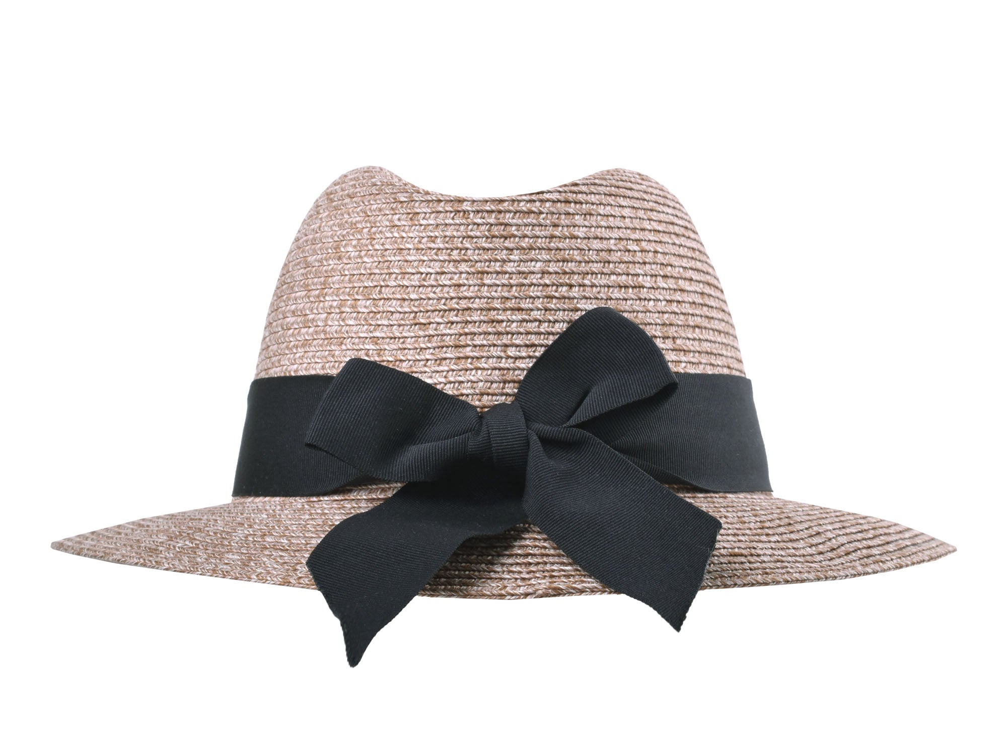 Straw hat with a black ribbon bow on a white background