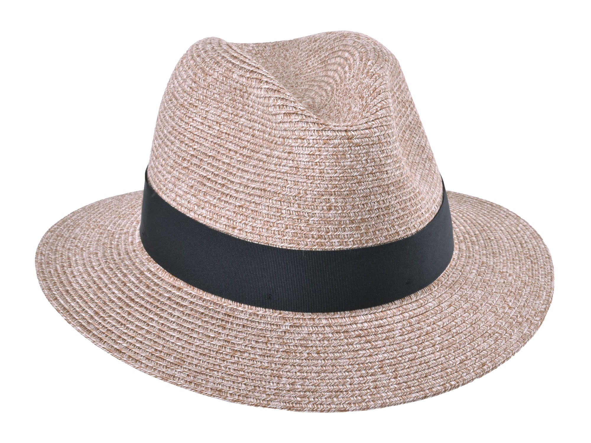 Beige straw hat with a black band on a white background