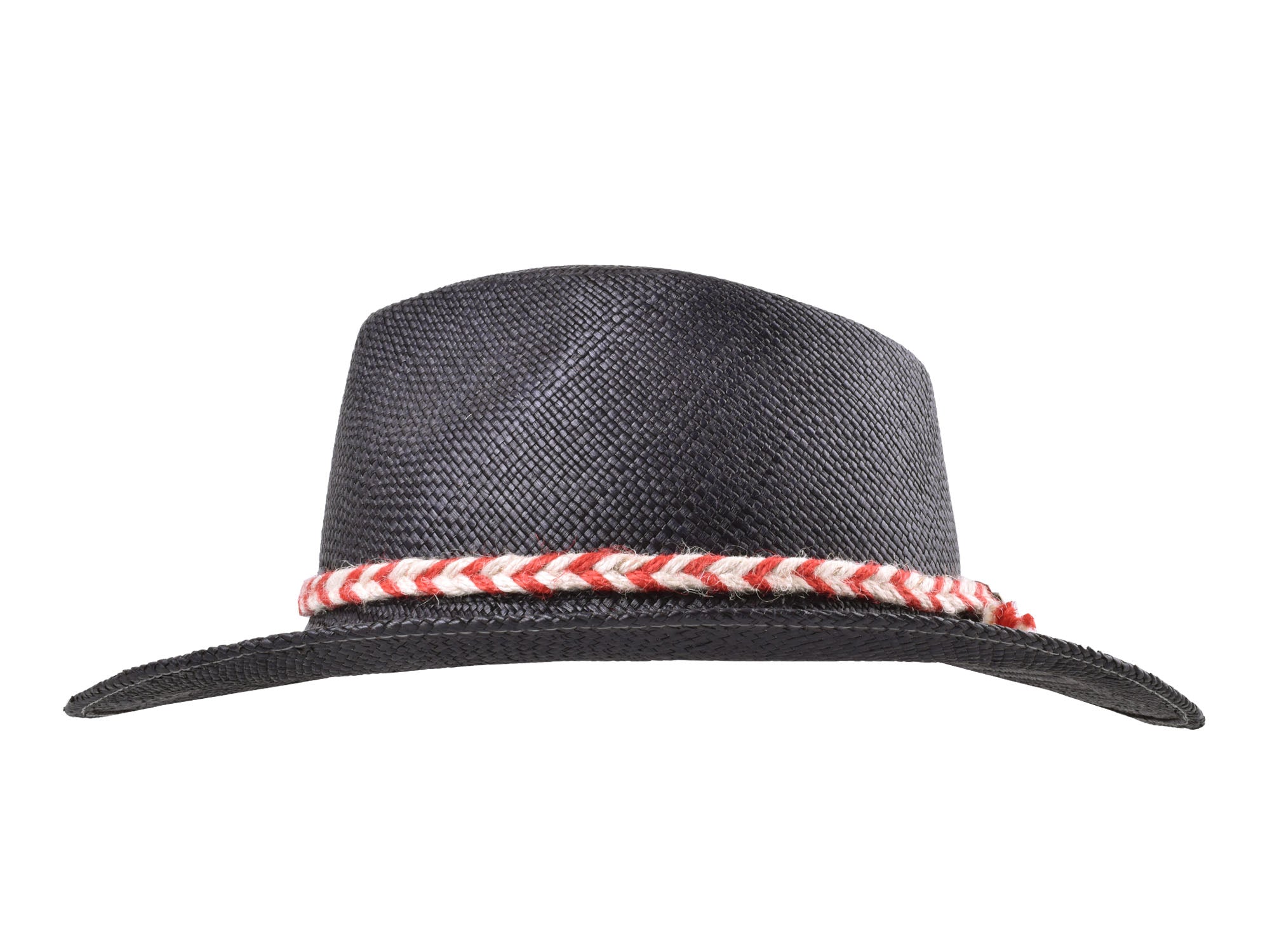 Black straw hat with a red and white band on a white background
