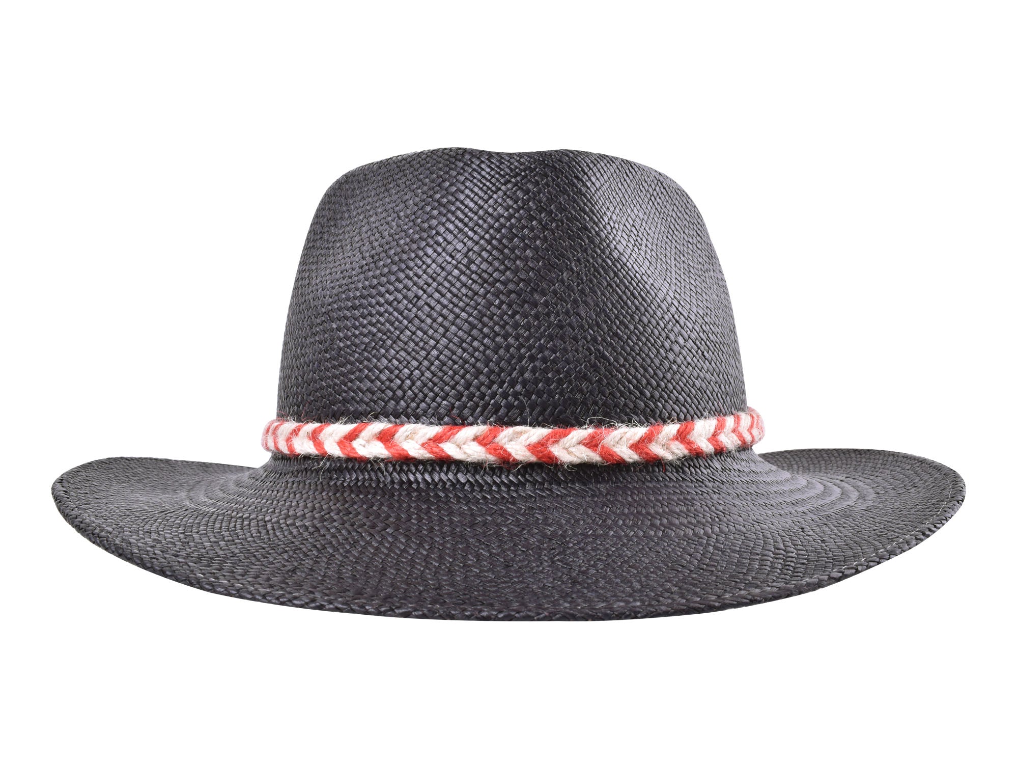 Black straw hat with a red and white striped band on a white background