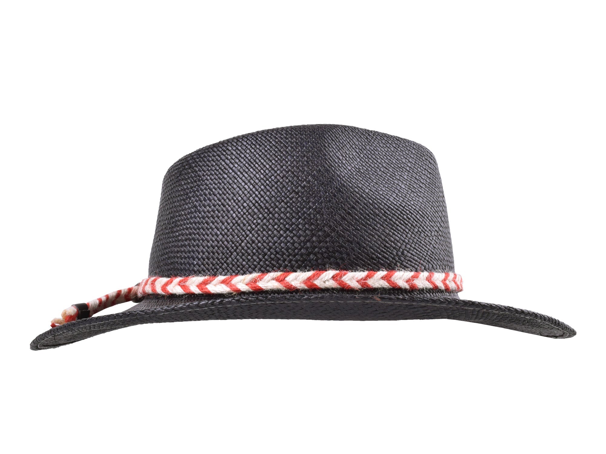 Black straw hat with a red and white braided band on a white background