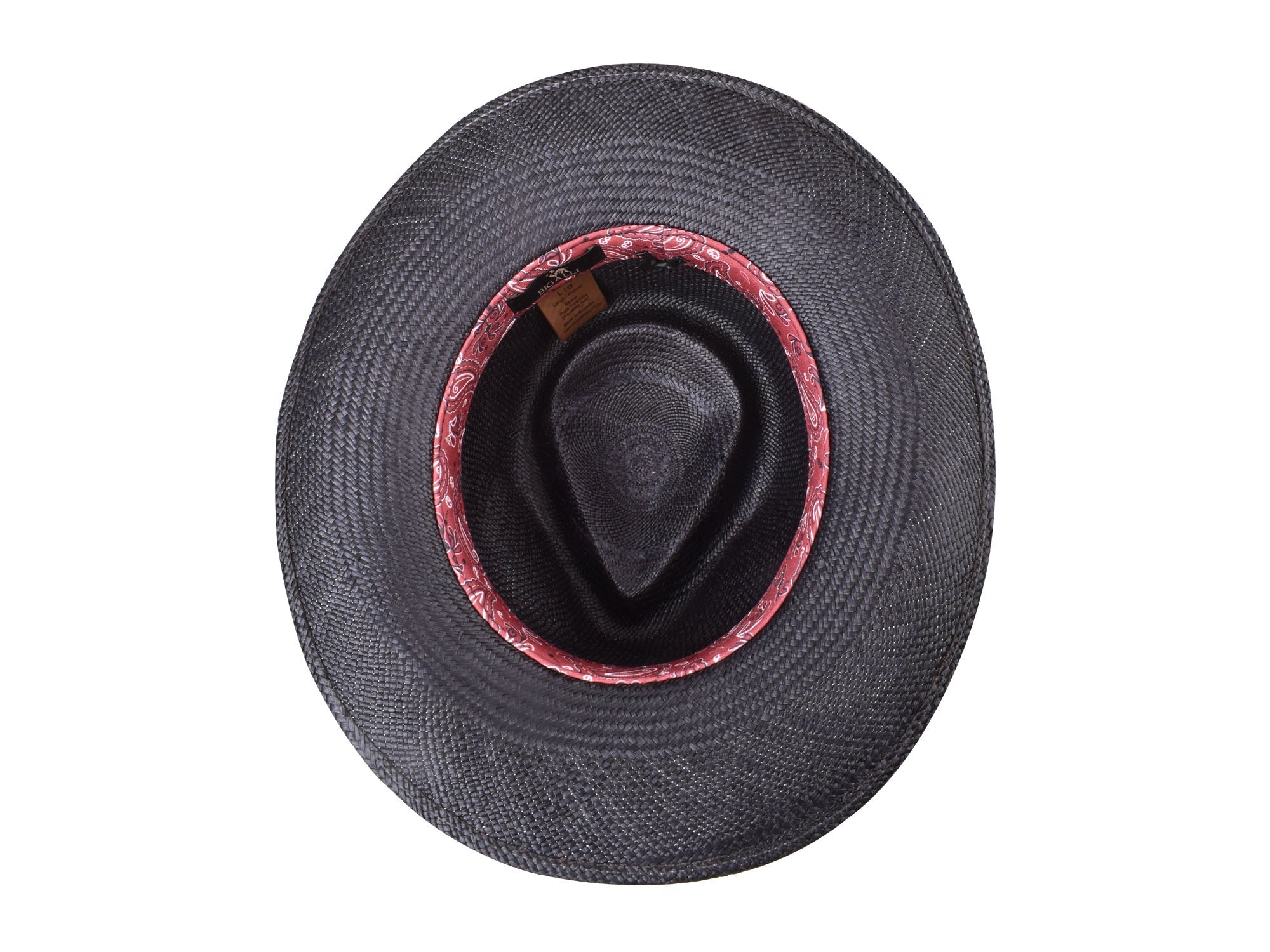 Black straw hat with red interior on a white background