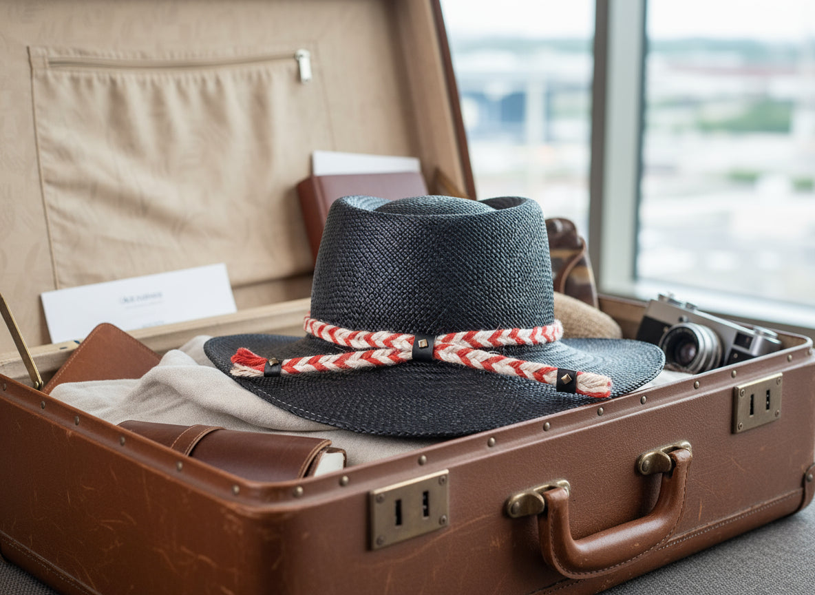 Black straw hat with a red and white braided band on a white background