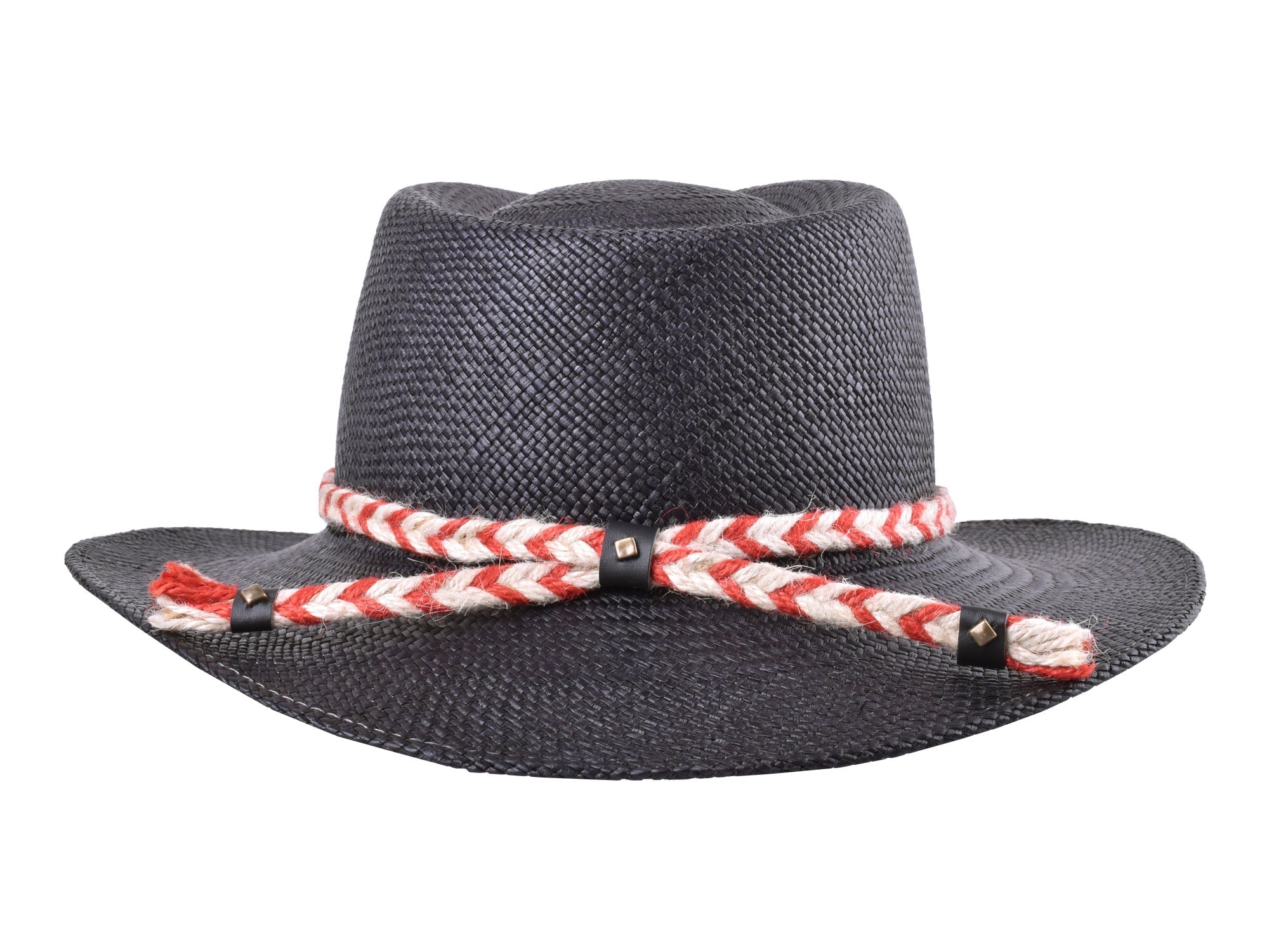 Black straw hat with a red and white braided band on a white background