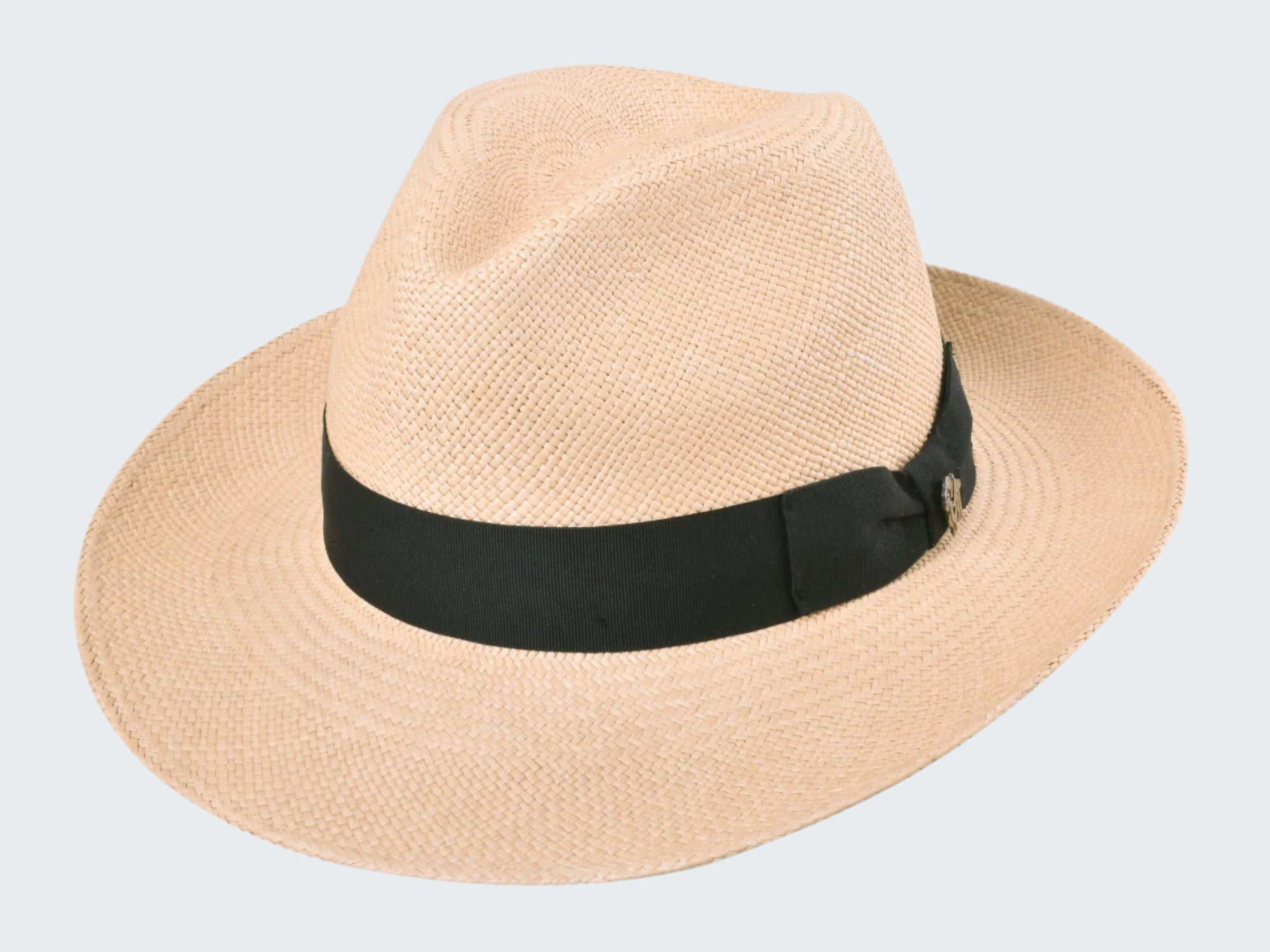 Beige straw hat with a black band on a white background