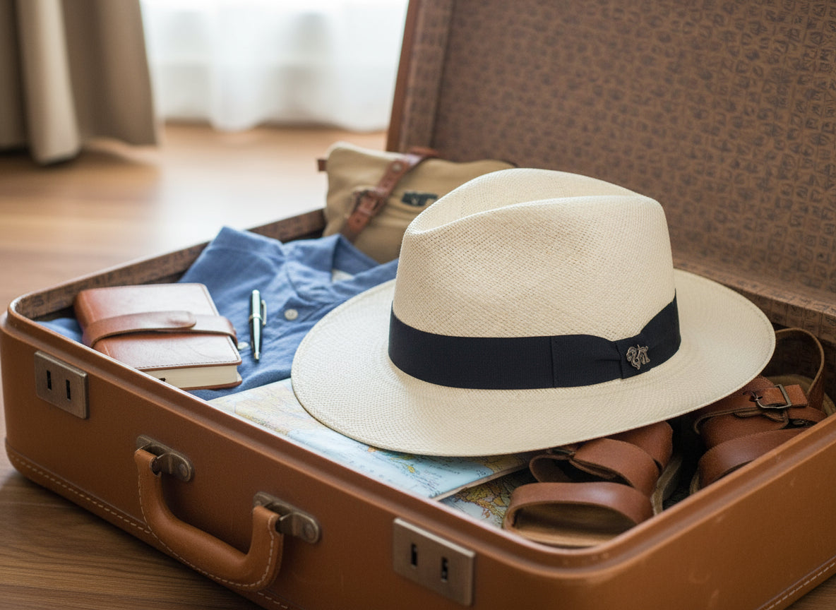 Beige straw hat with a black band on a white background