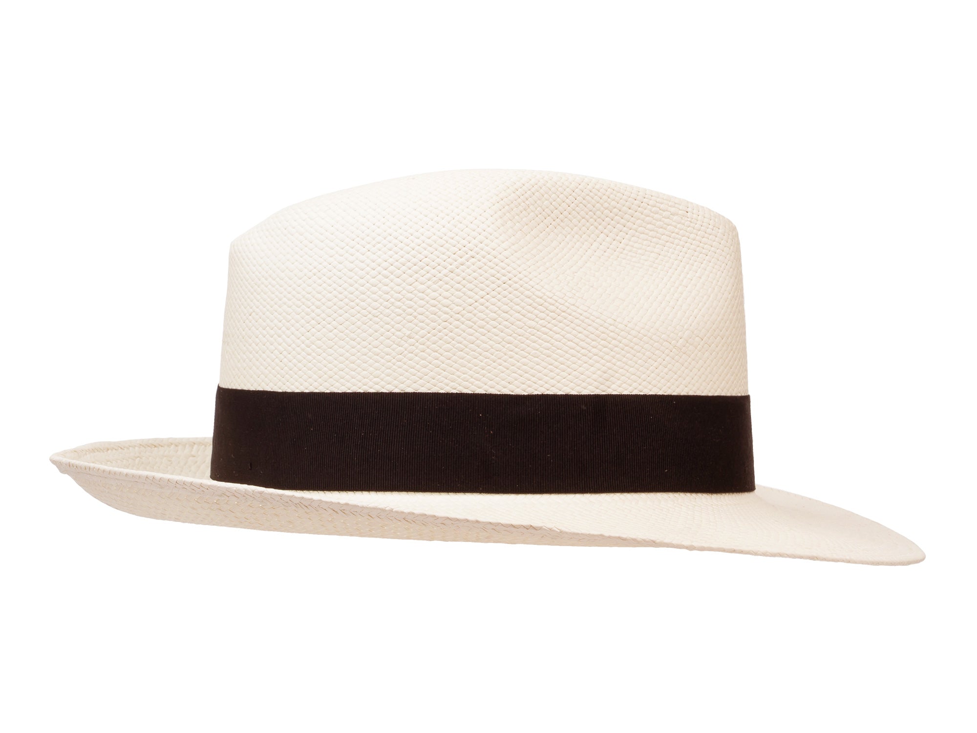 White straw hat with a black band on a white background