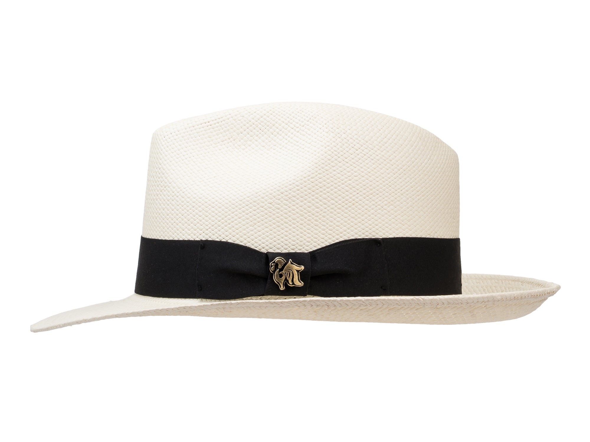 White straw hat with a black band and gold emblem on a white background