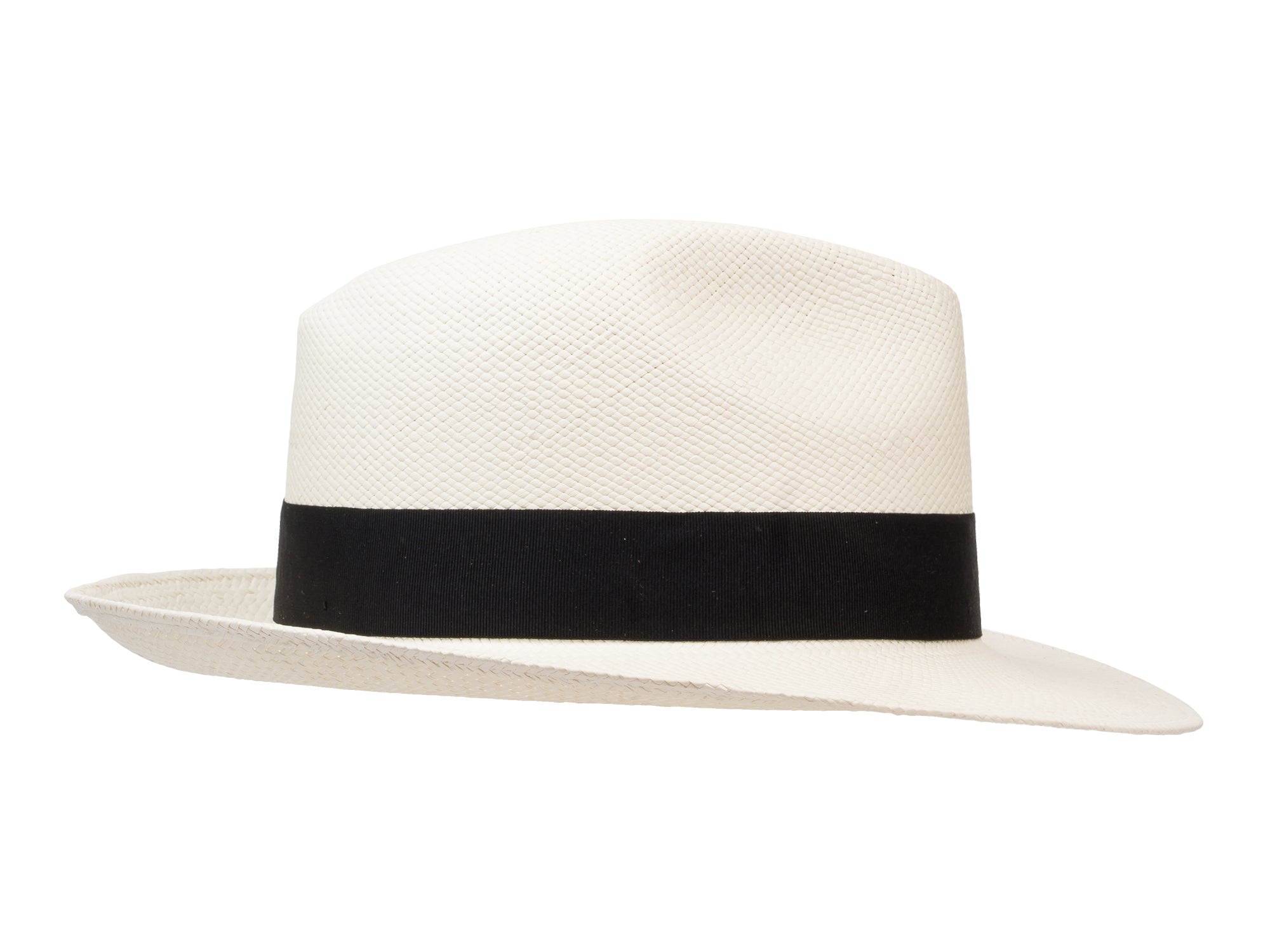 White straw hat with a black band on a white background