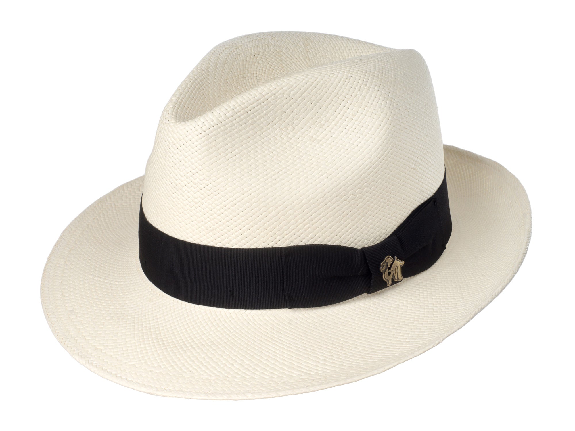 White straw hat with a black band on a white background