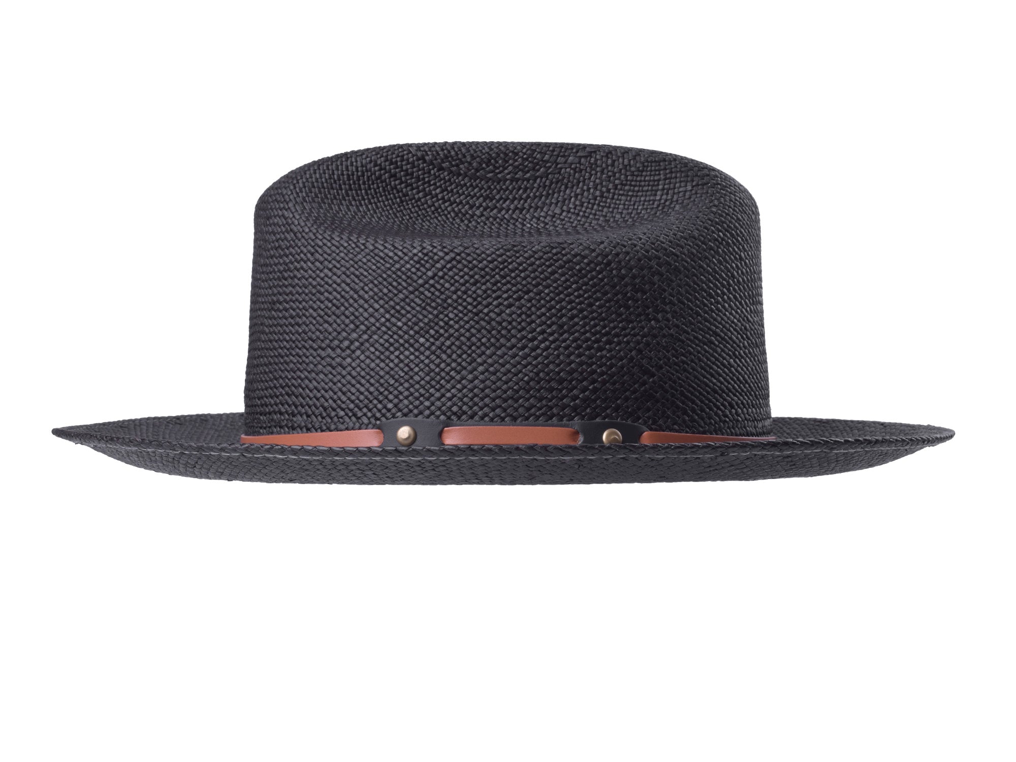 Black straw hat with a brown band on a white background