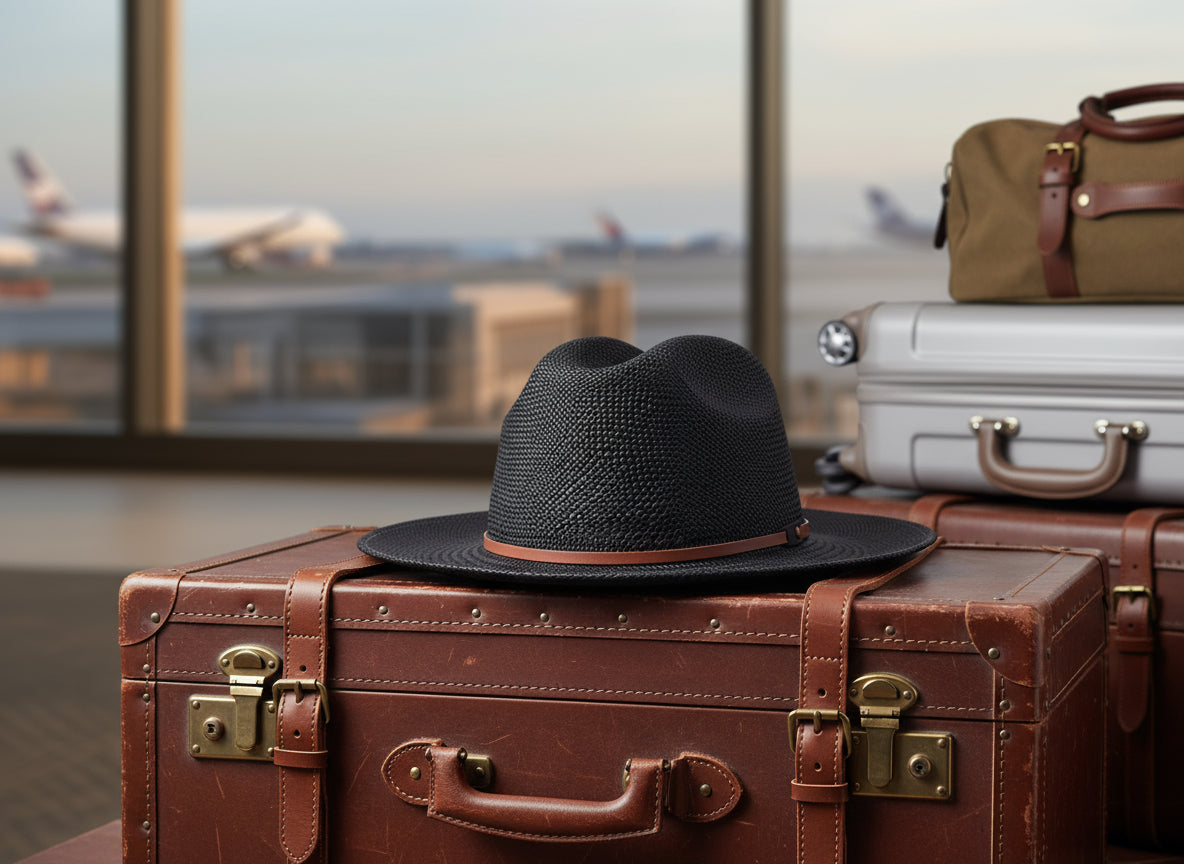 Black straw hat with a brown band on a white background