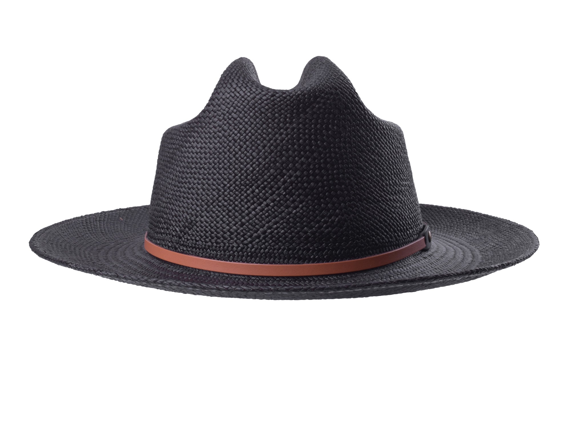 Black straw hat with a brown band on a white background