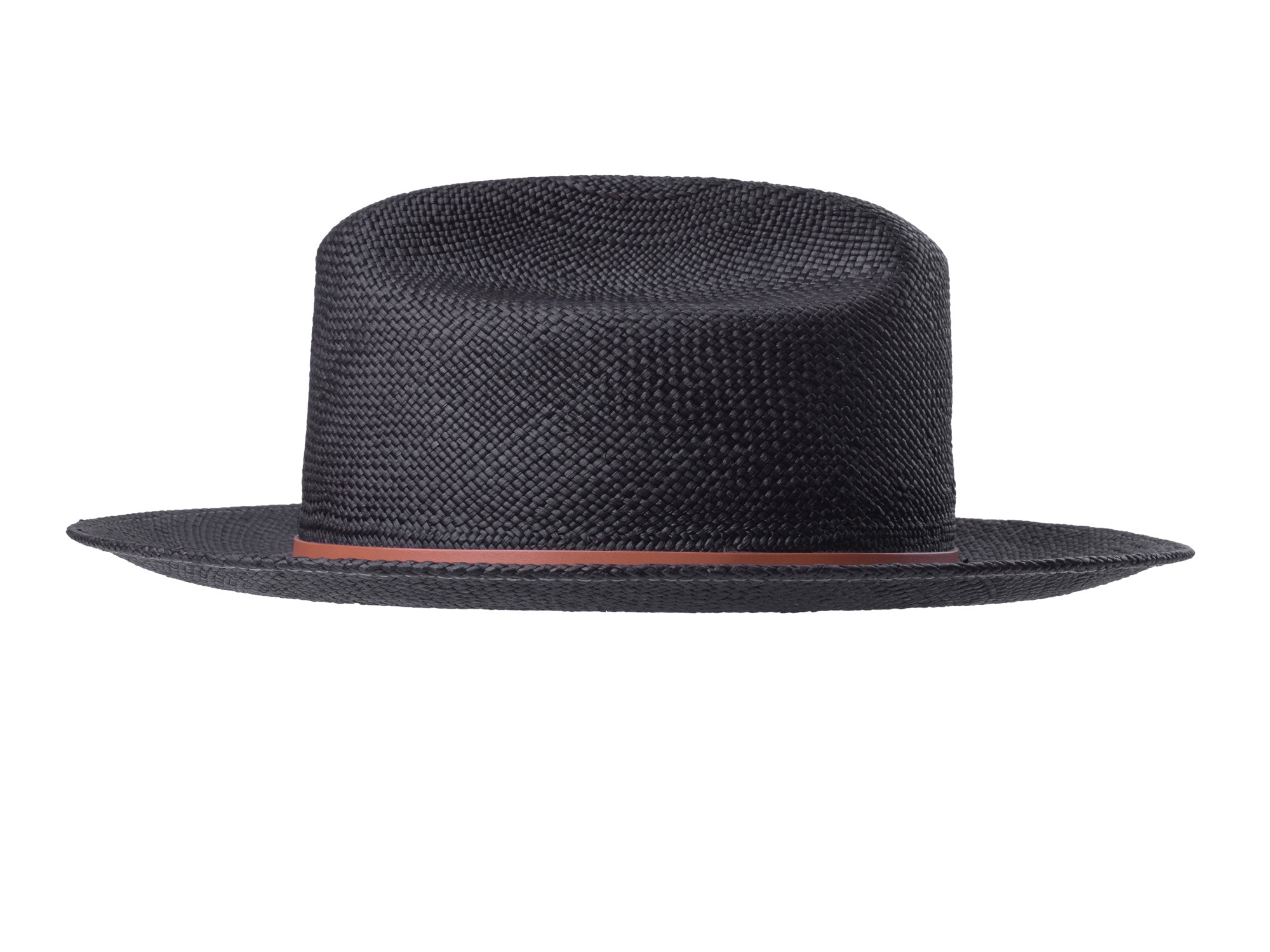 Black straw hat with a brown band on a white background