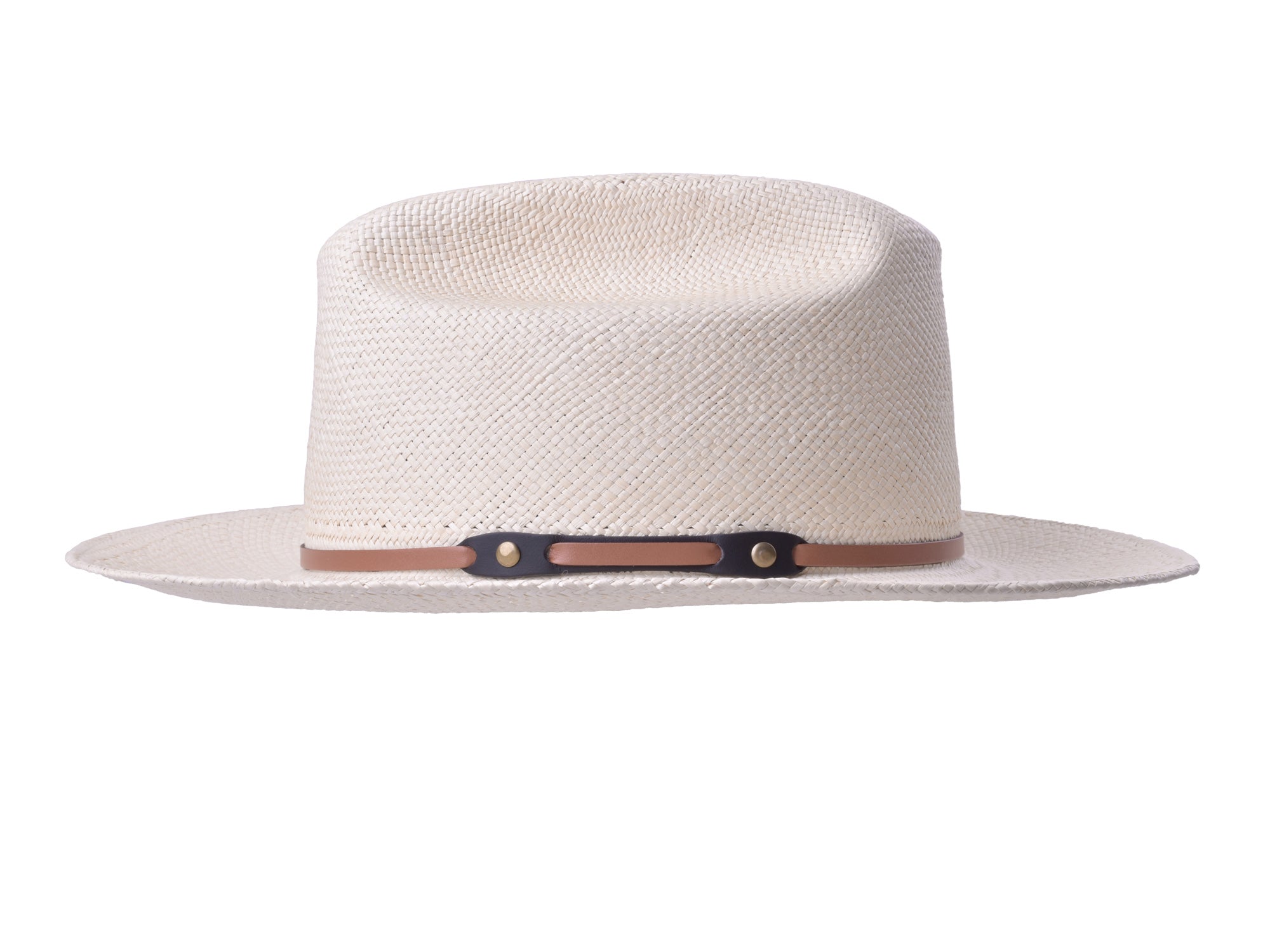 White straw hat with a brown band on a white background