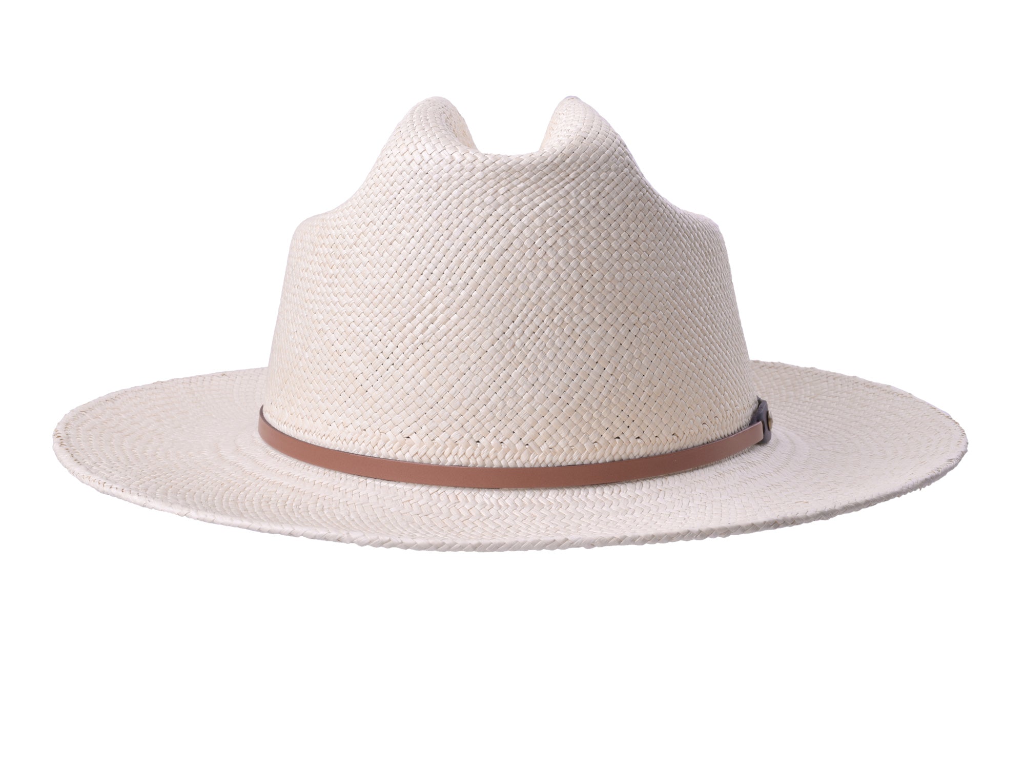 White straw hat with a brown band on a white background