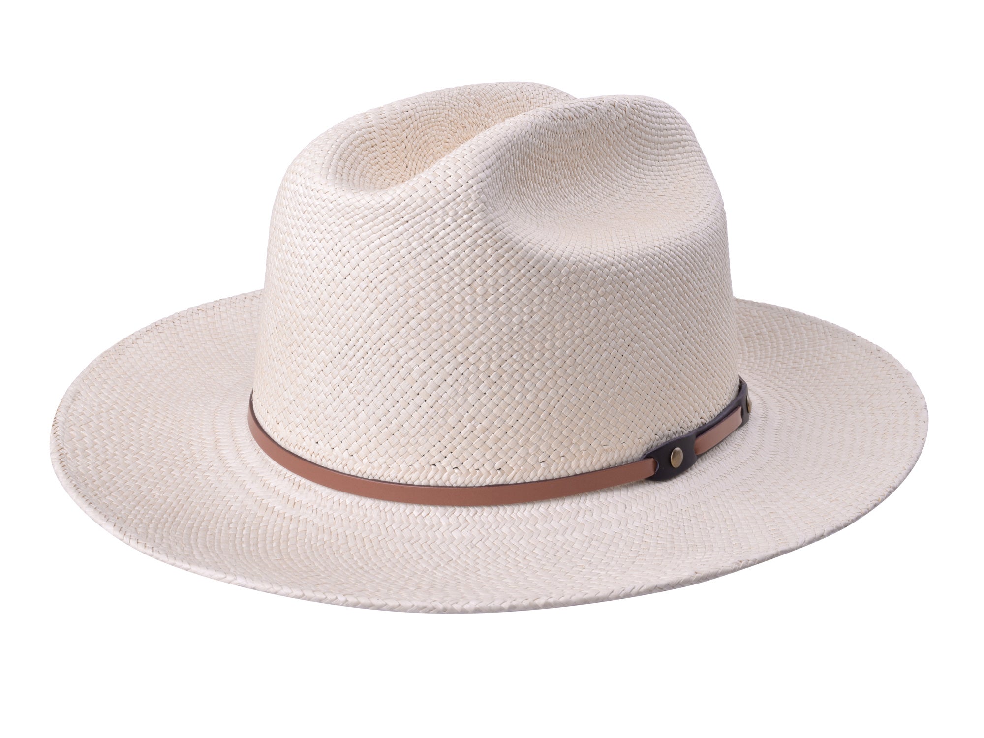 White straw hat with a brown band on a white background