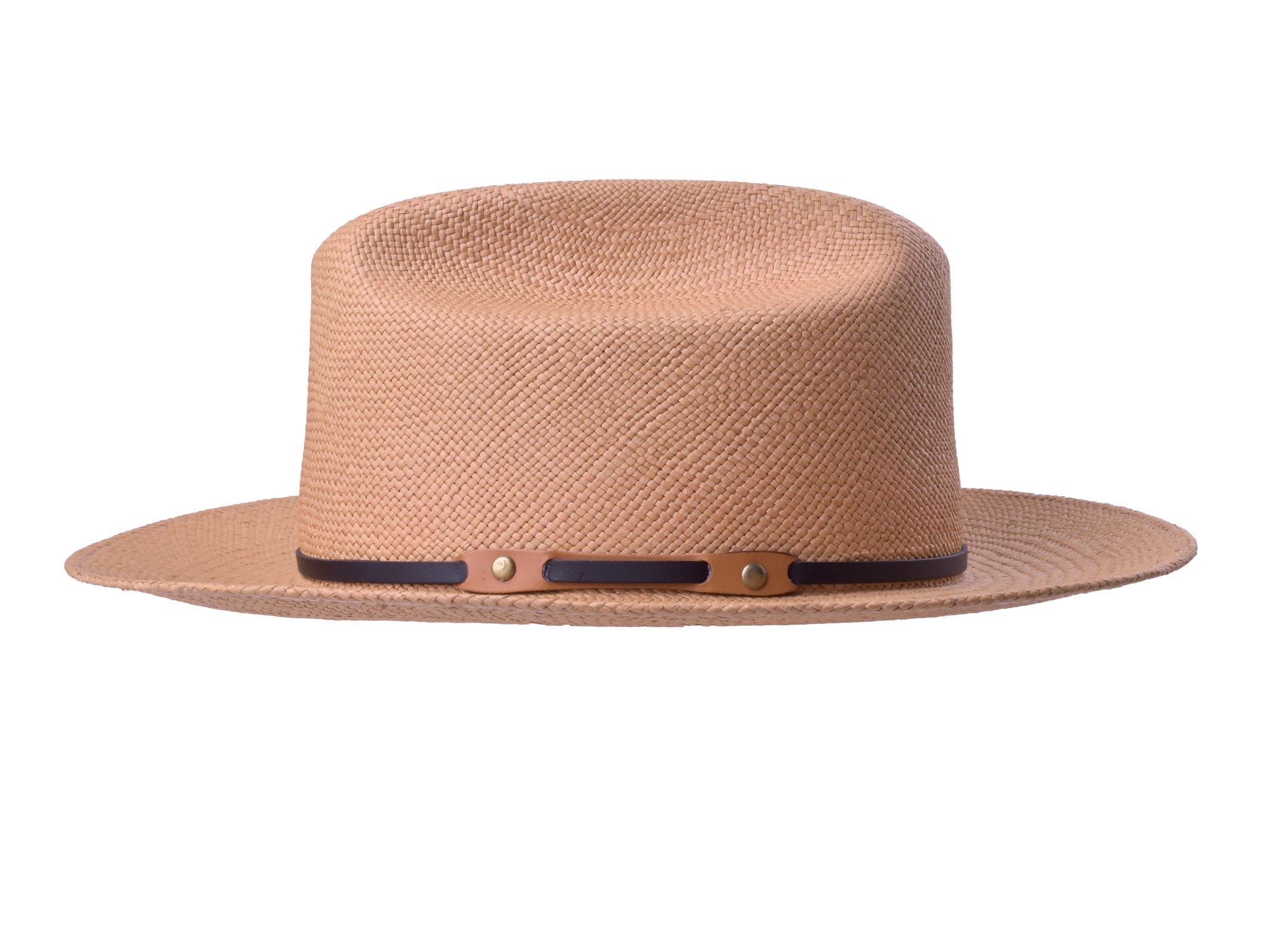Beige straw hat with a brown band on a white background