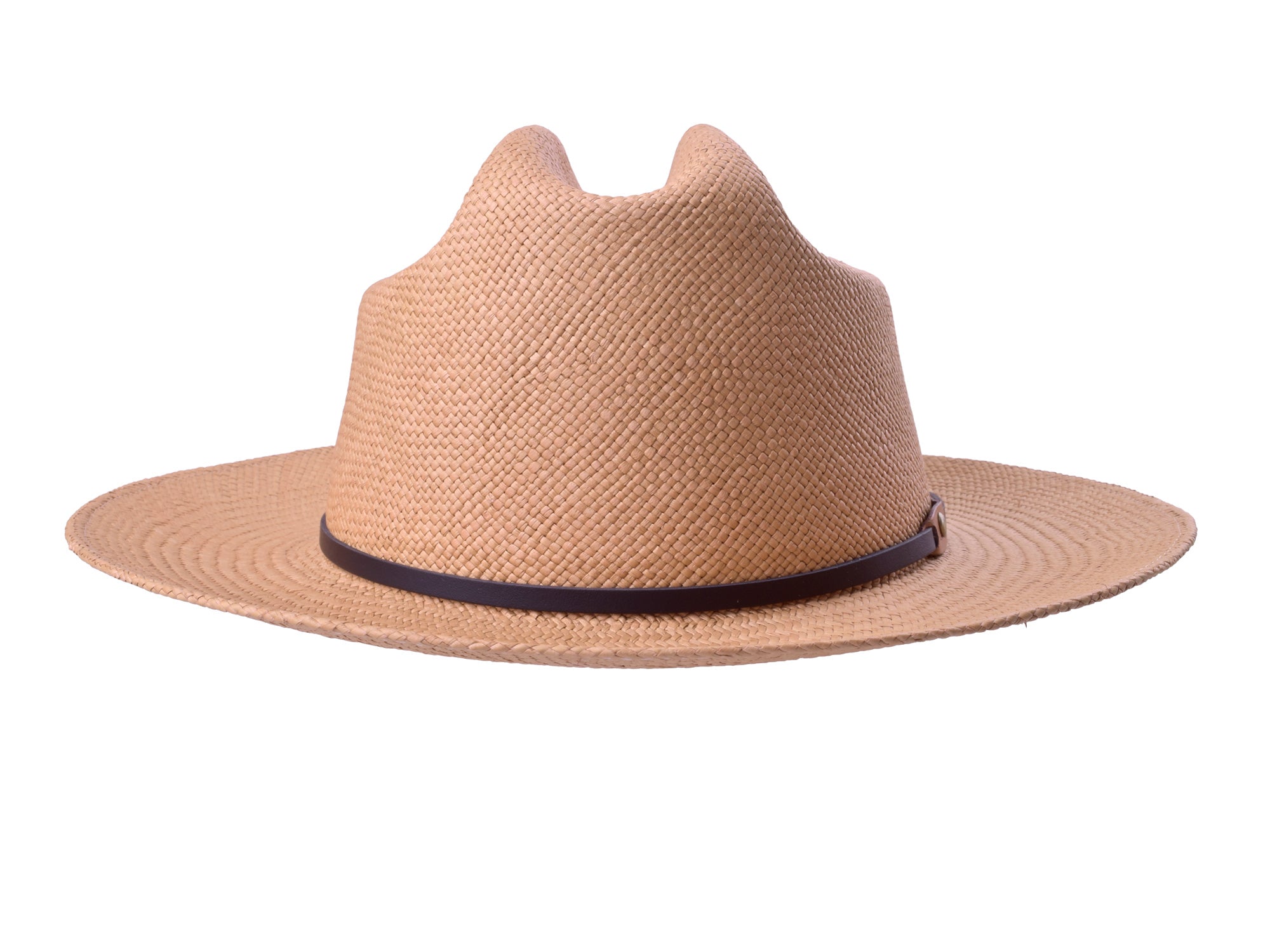 Beige straw hat with a black band on a white background
