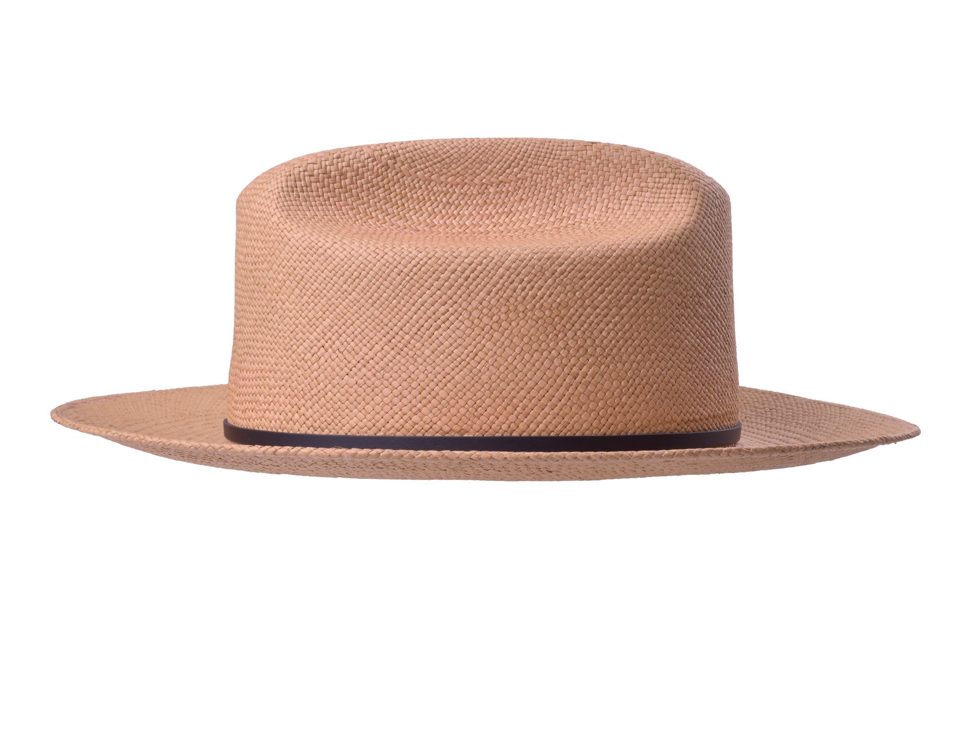 Beige straw hat with a black band on a white background