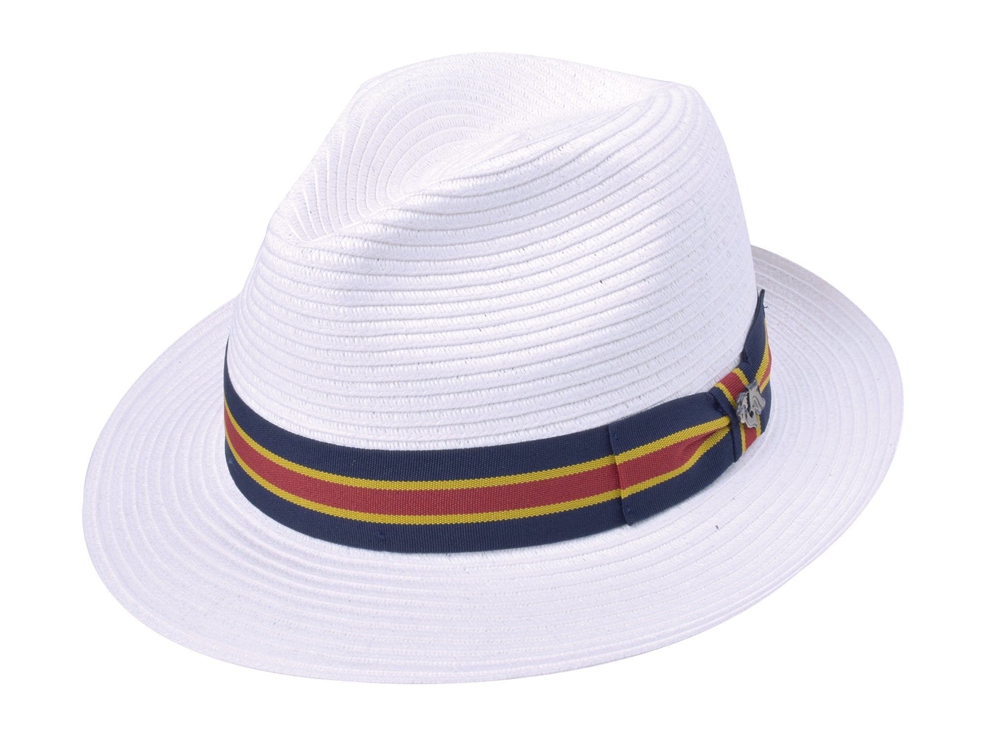 White straw hat with a colorful band on a white background