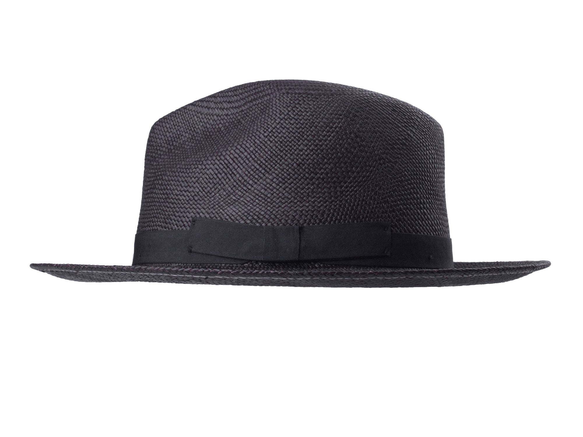 Black fedora hat with a black band on a white background