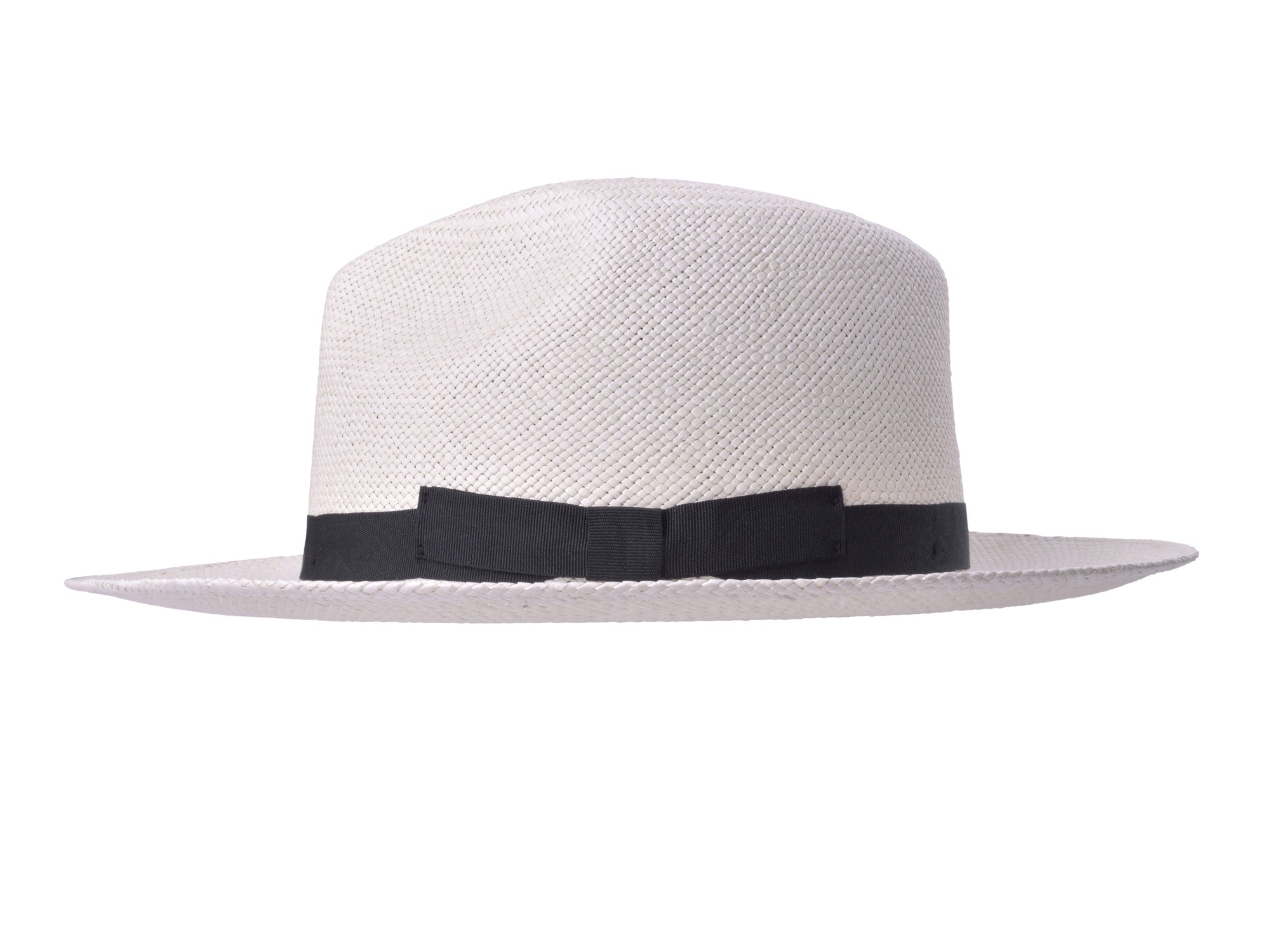 White straw hat with a black ribbon on a white background