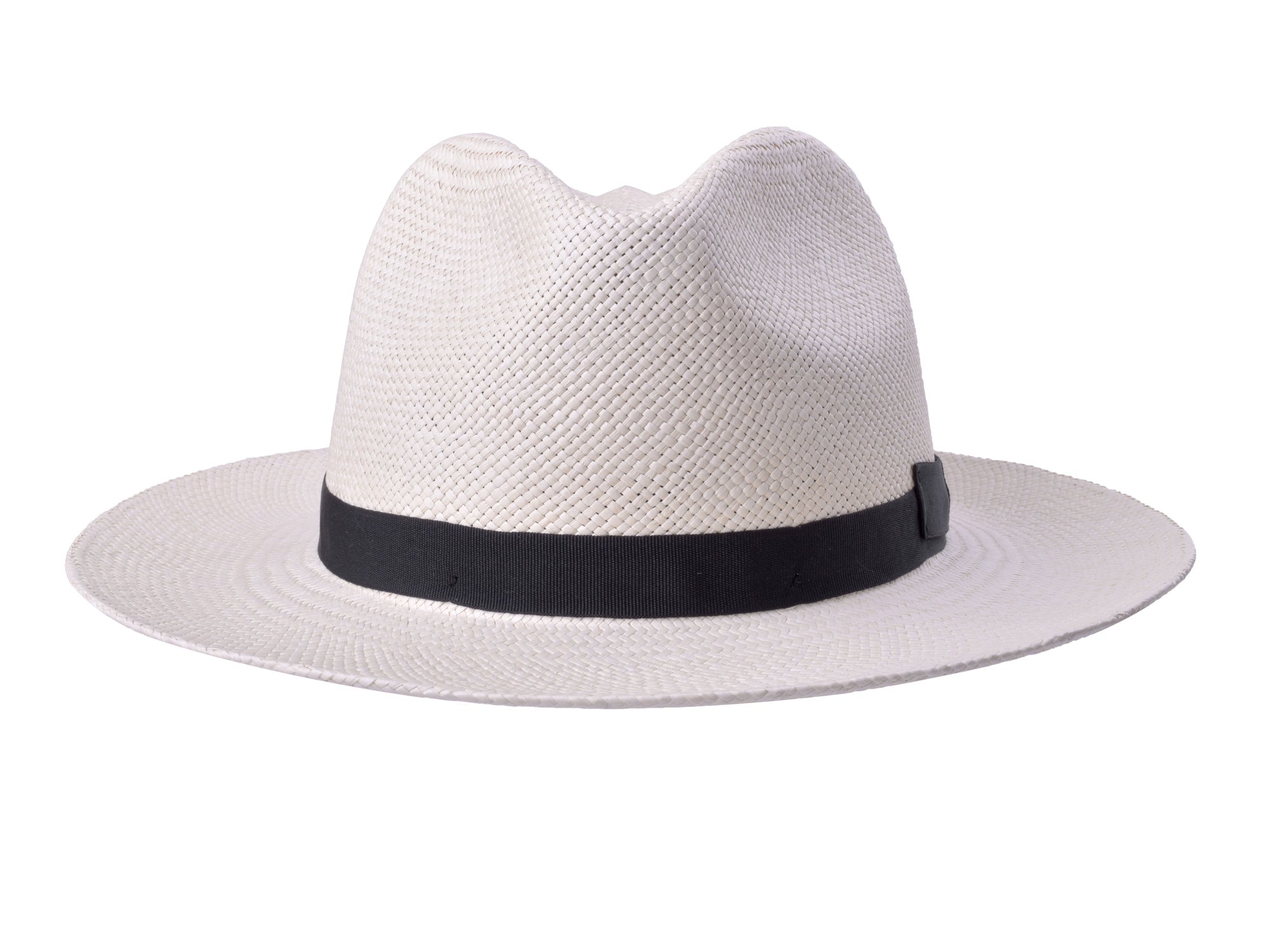 White straw hat with a black band on a white background