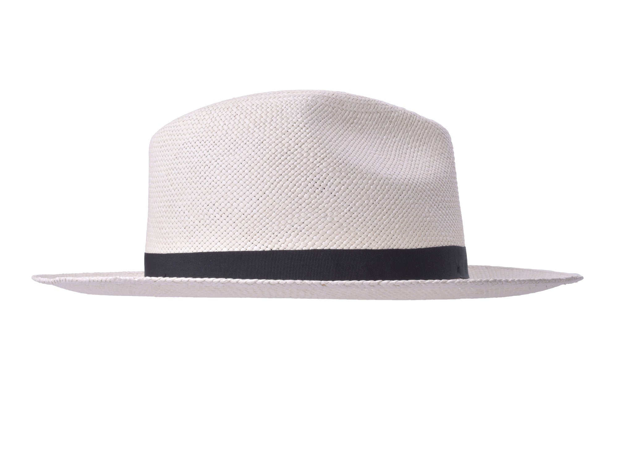 White straw hat with a black band on a white background