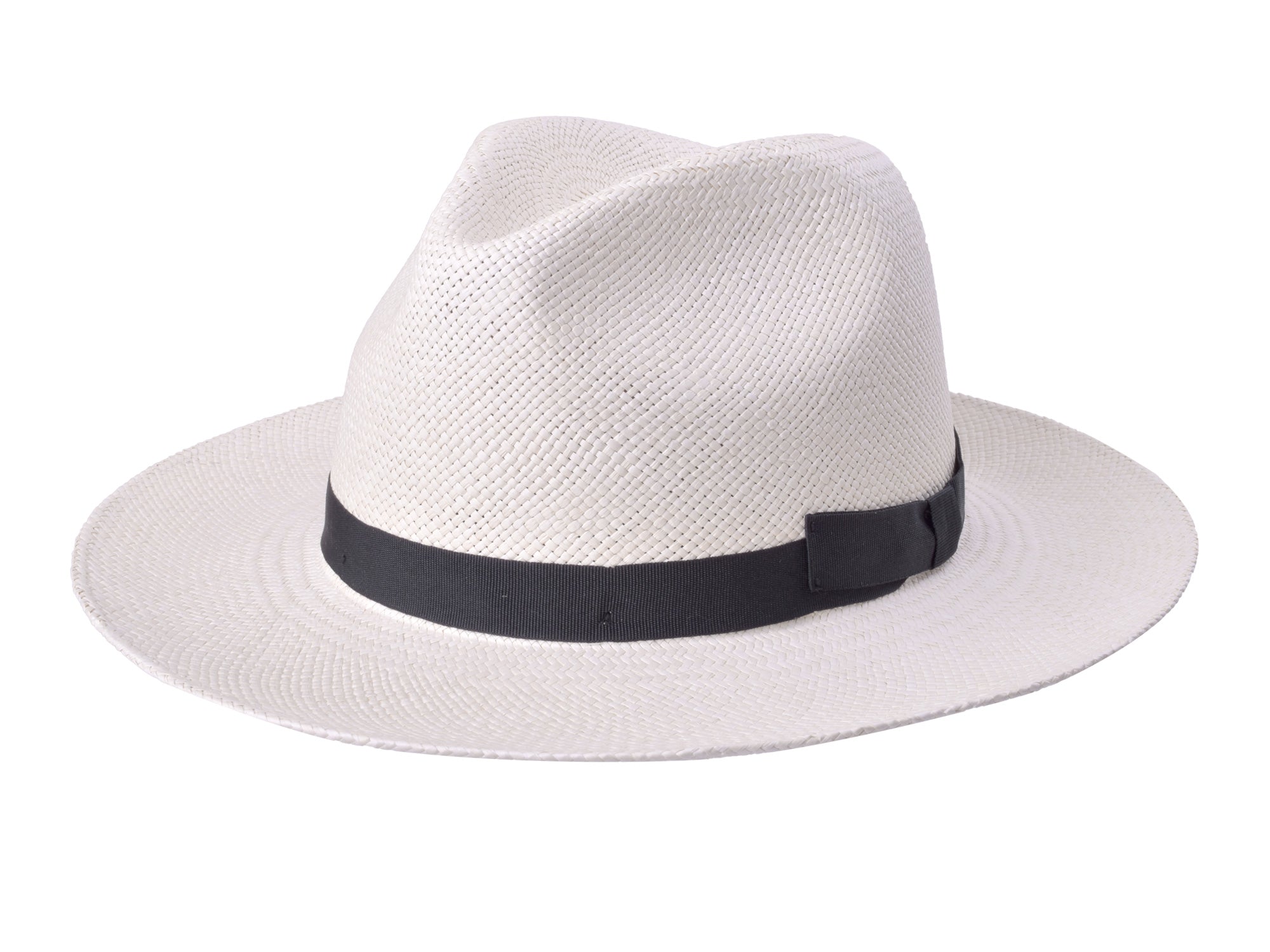 White straw hat with a black band on a white background