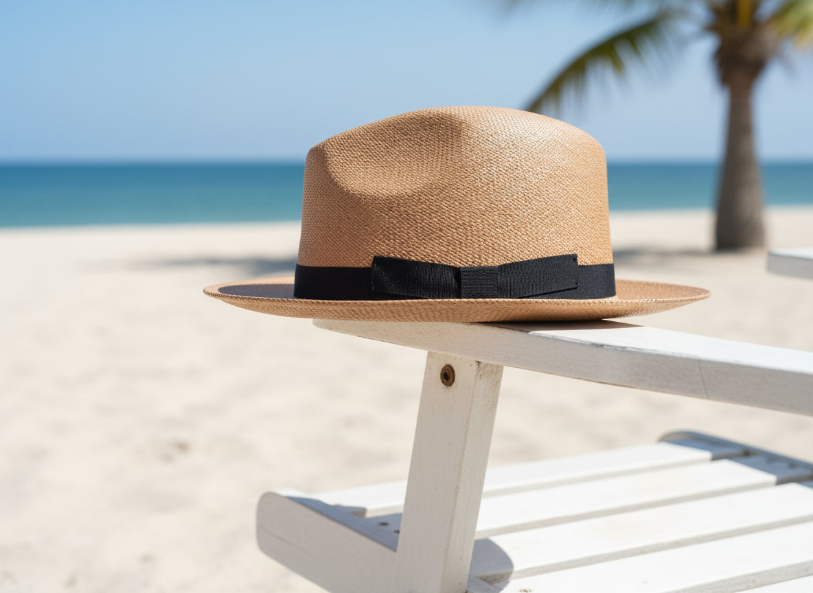 Beige straw hat with a black band on a white background
