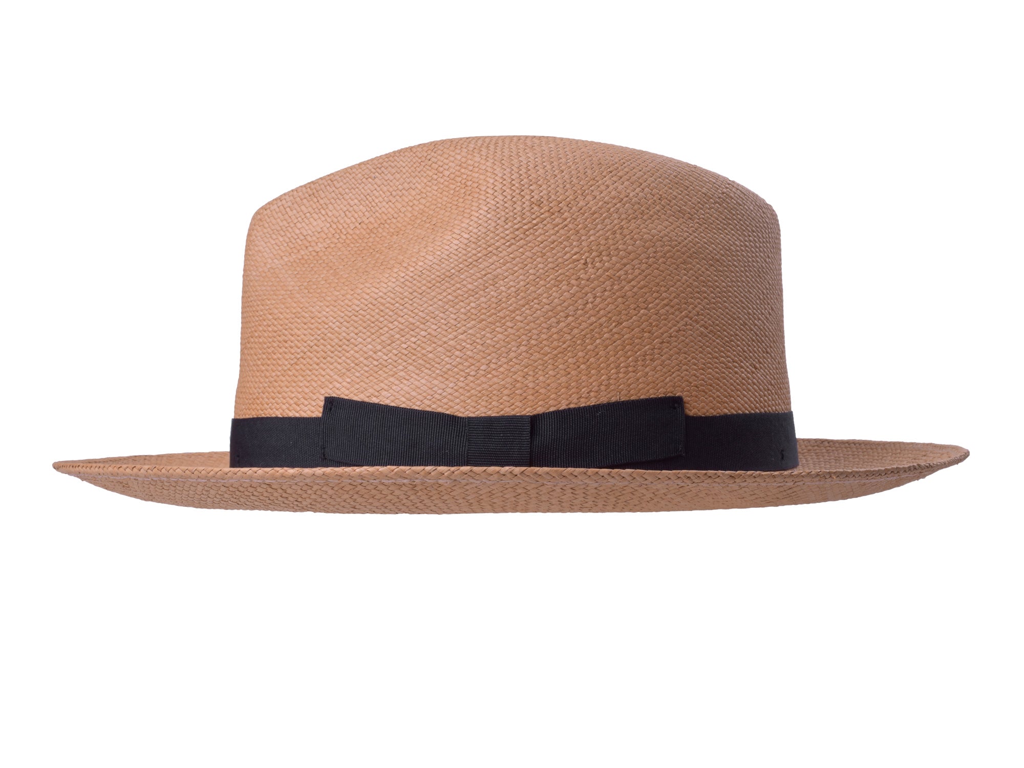 Beige straw hat with a black band on a white background