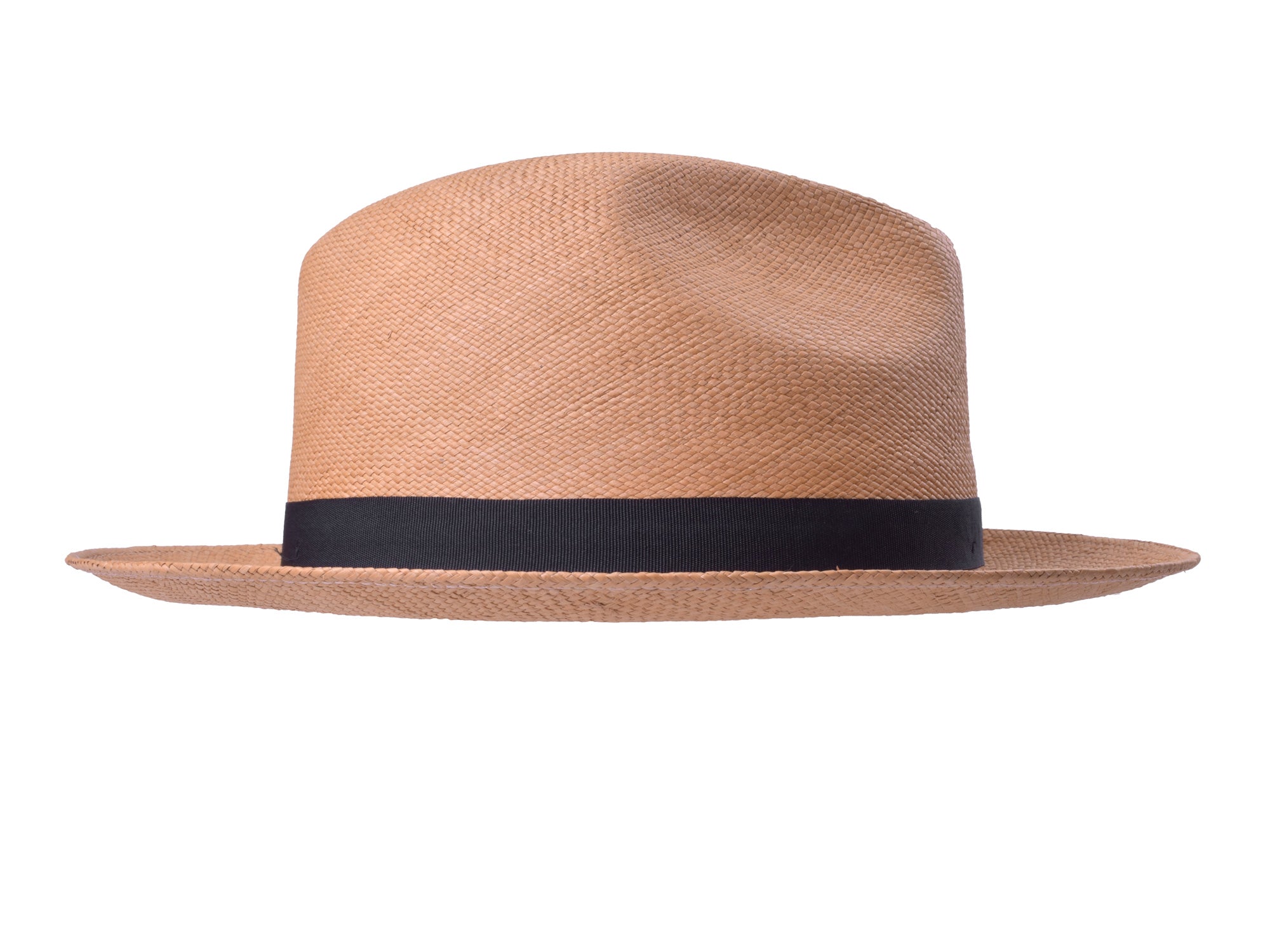 Beige straw hat with a black band on a white background