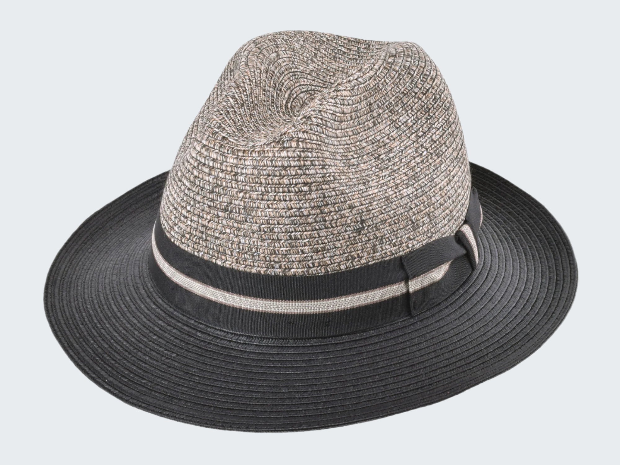 Two straw hats with black bands on a white background