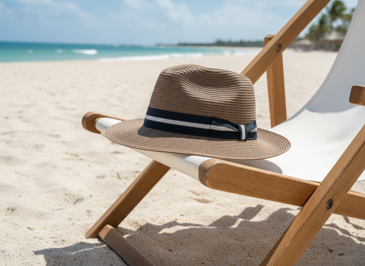 Brown straw hat with a black and white band on a white background