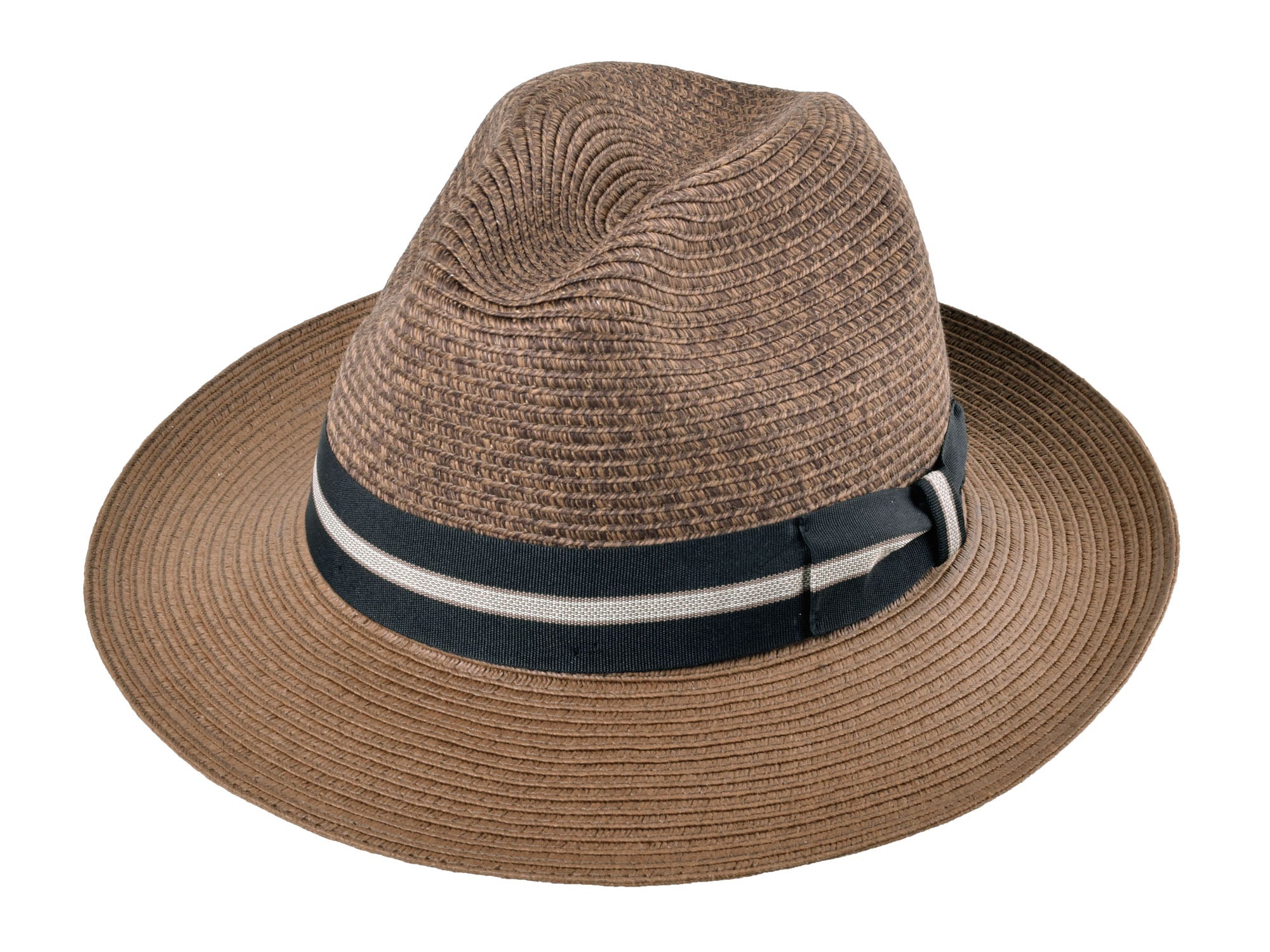 Brown straw hat with a black and white band on a white background
