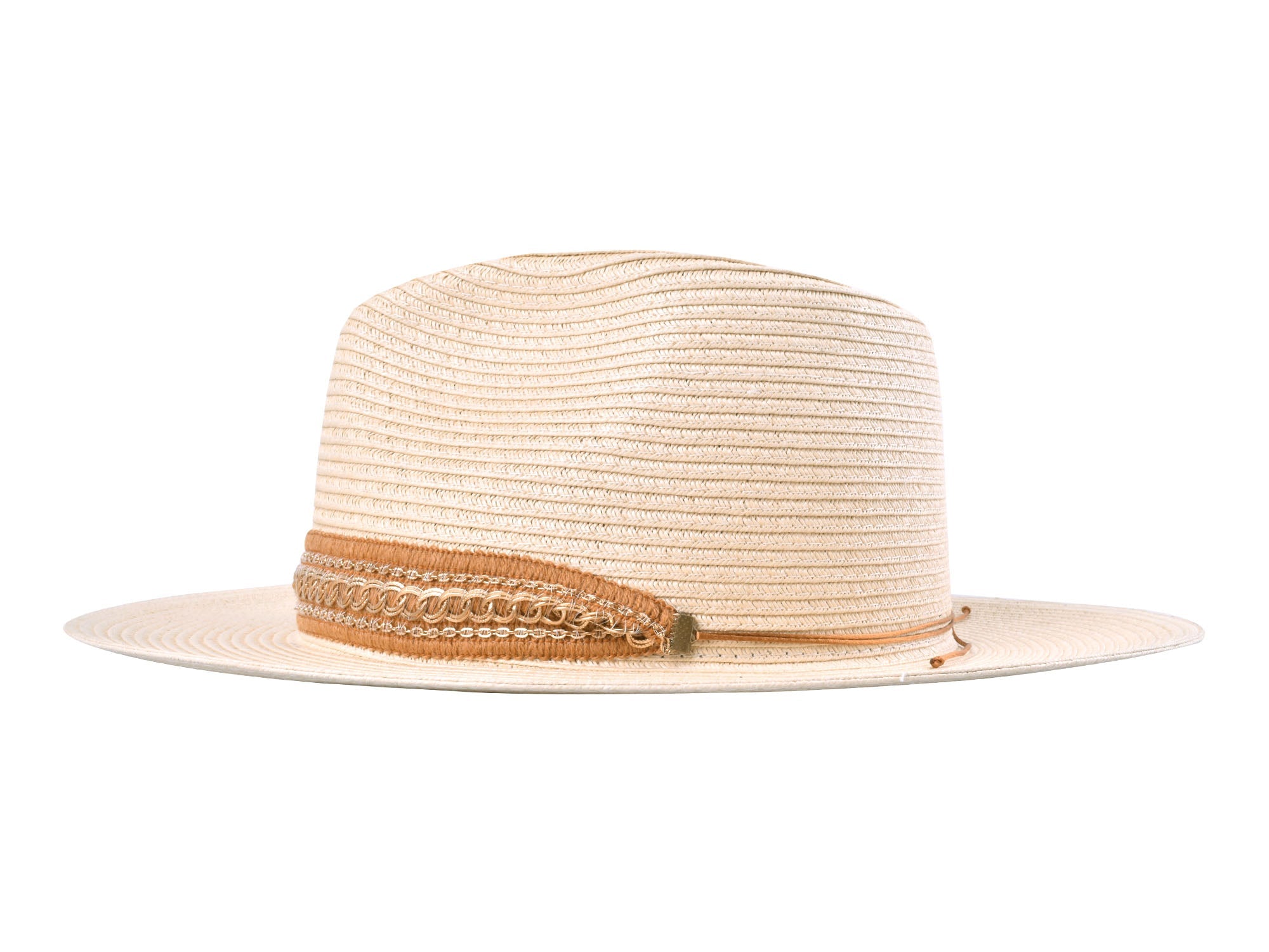 Beige straw hat with a brown band on a white background