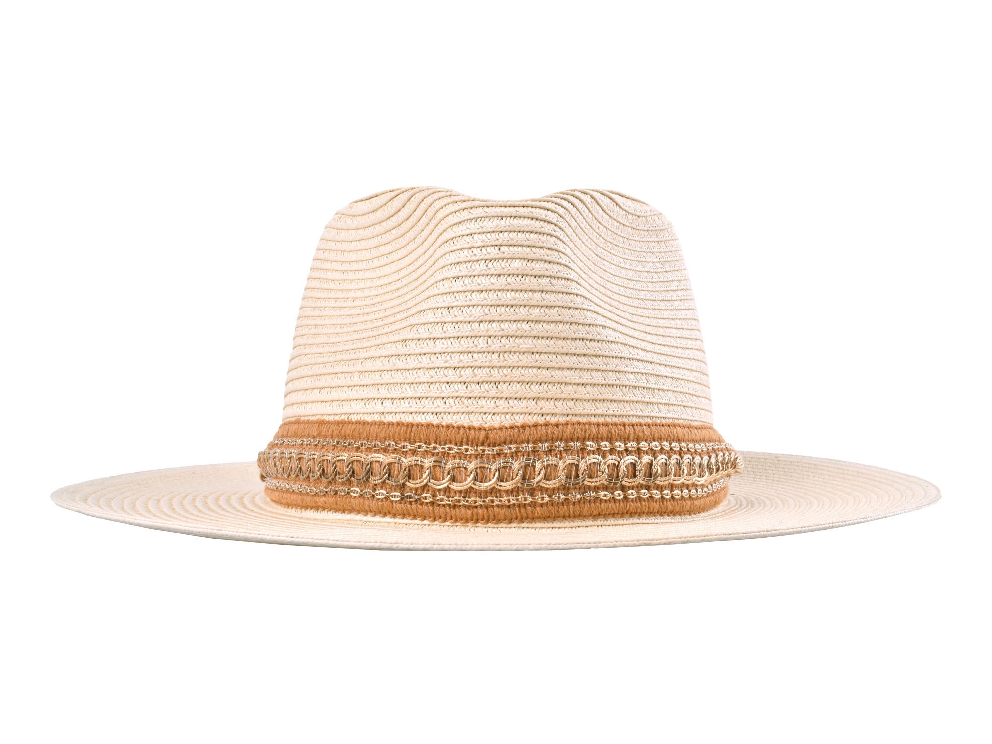 Beige straw hat with a decorative band on a white background